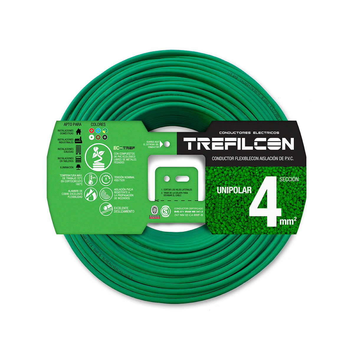 CABLE UNIPOLAR FLEXIBLE 4 MM TREFILCON VERDE/AMARILLO X 50 MTS