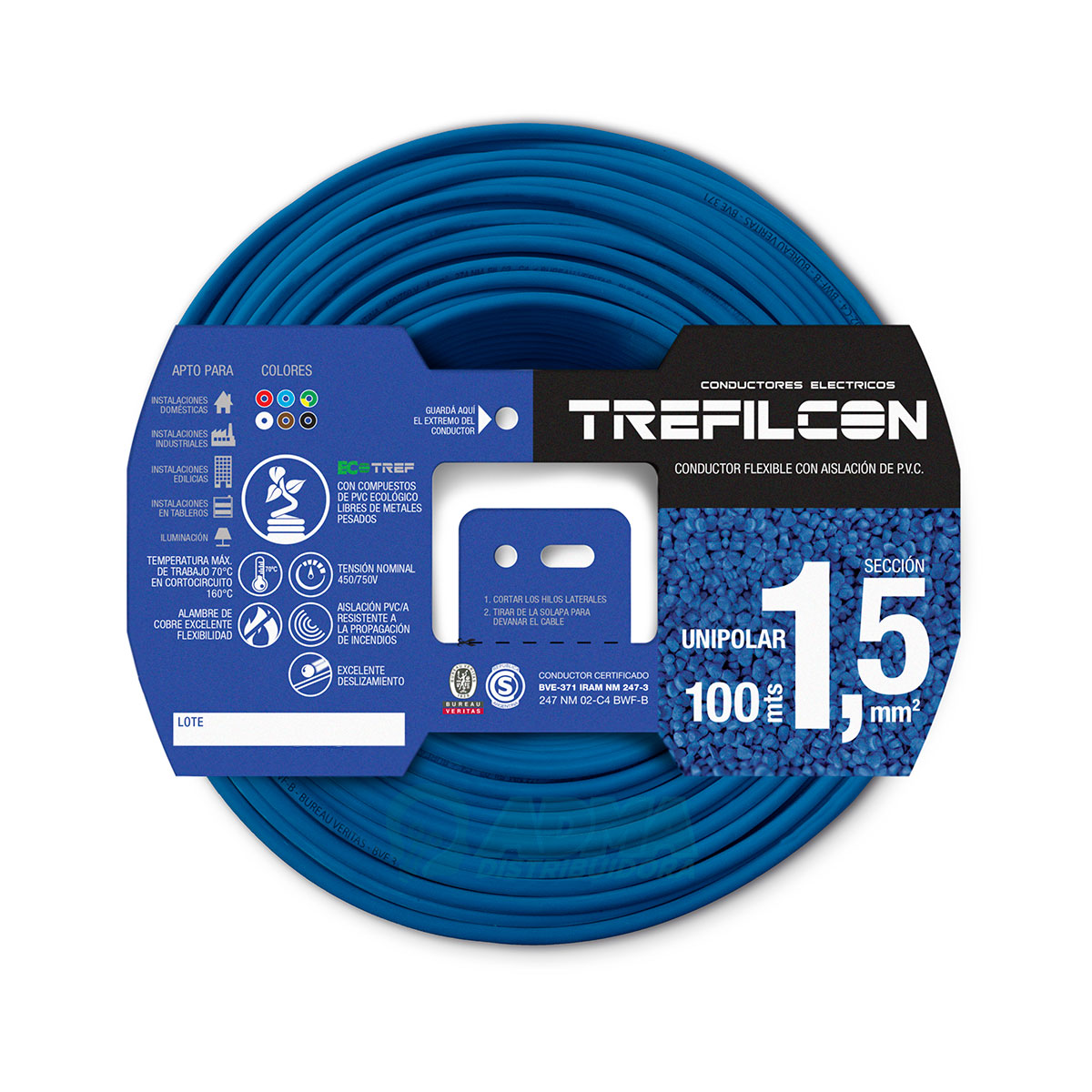 CABLE UNIPOLAR FLEXIBLE 1.5 MM TREFILCON CELESTE PACK X 100 MTS