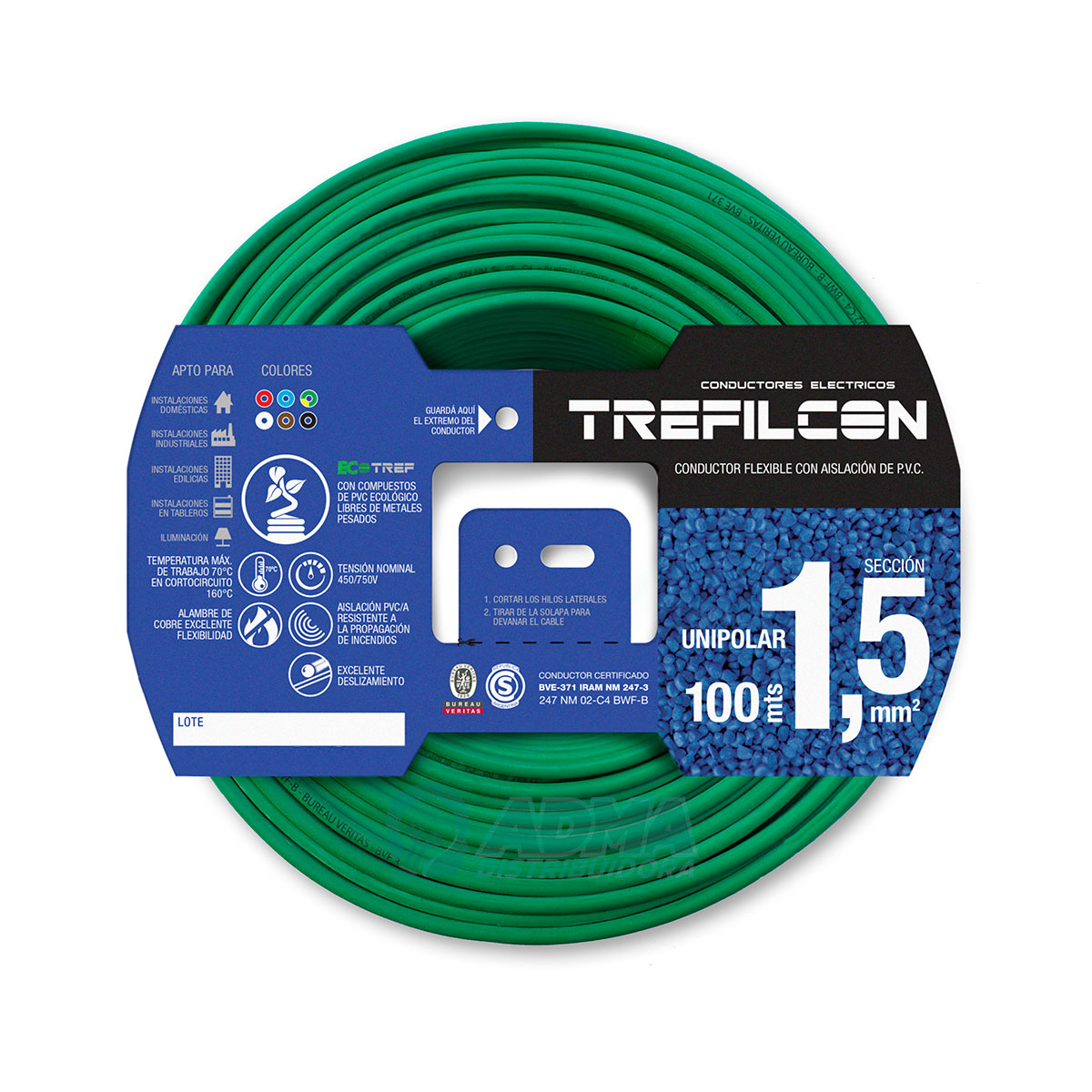 CABLE UNIPOLAR FLEXIBLE 1.5 MM TREFILCON VERDE/AMARILLO PACK X 100 MTS