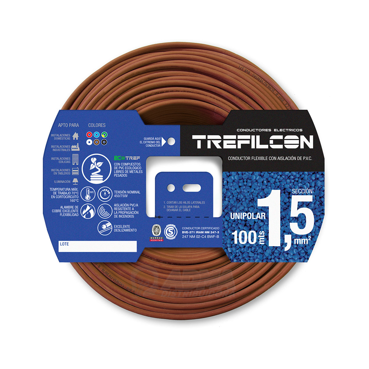 CABLE UNIPOLAR FLEXIBLE 1.5 MM TREFILCON MARRON PACK X 100 MTS