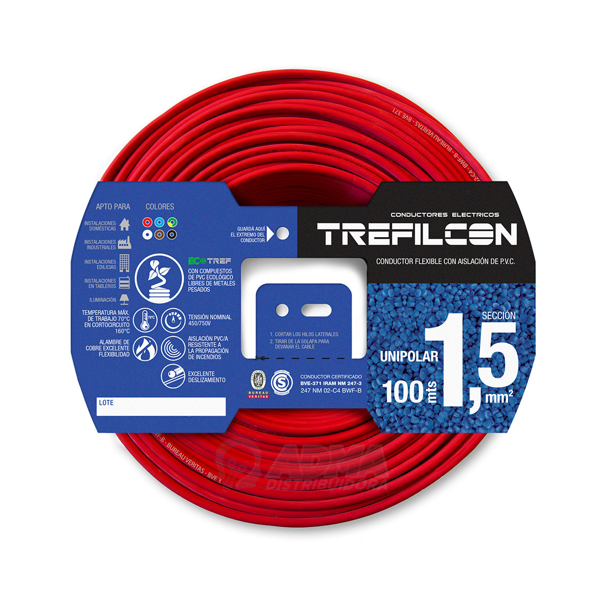 CABLE UNIPOLAR FLEXIBLE 1.5 MM TREFILCON ROJO PACK X 100 MTS