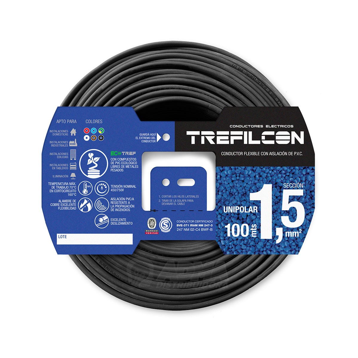 CABLE UNIPOLAR FLEXIBLE 1.5 MM TREFILCON NEGRO PACK X 100 MTS