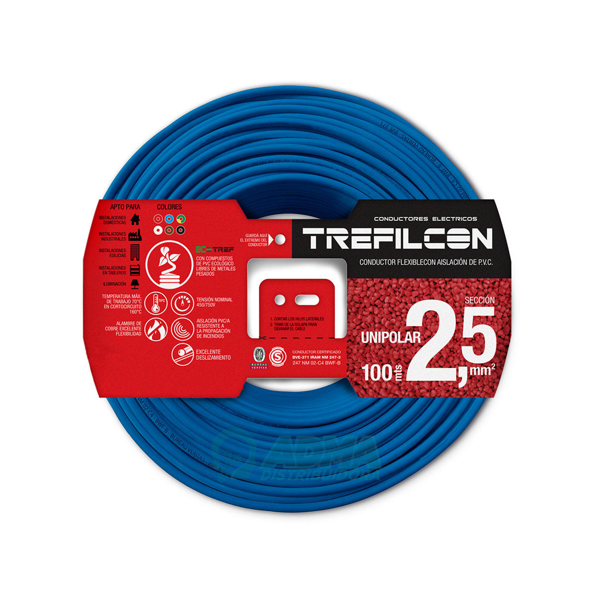 CABLE UNIPOLAR FLEXIBLE 2.5 MM TREFILCON CELESTE PACK X 100 MTS