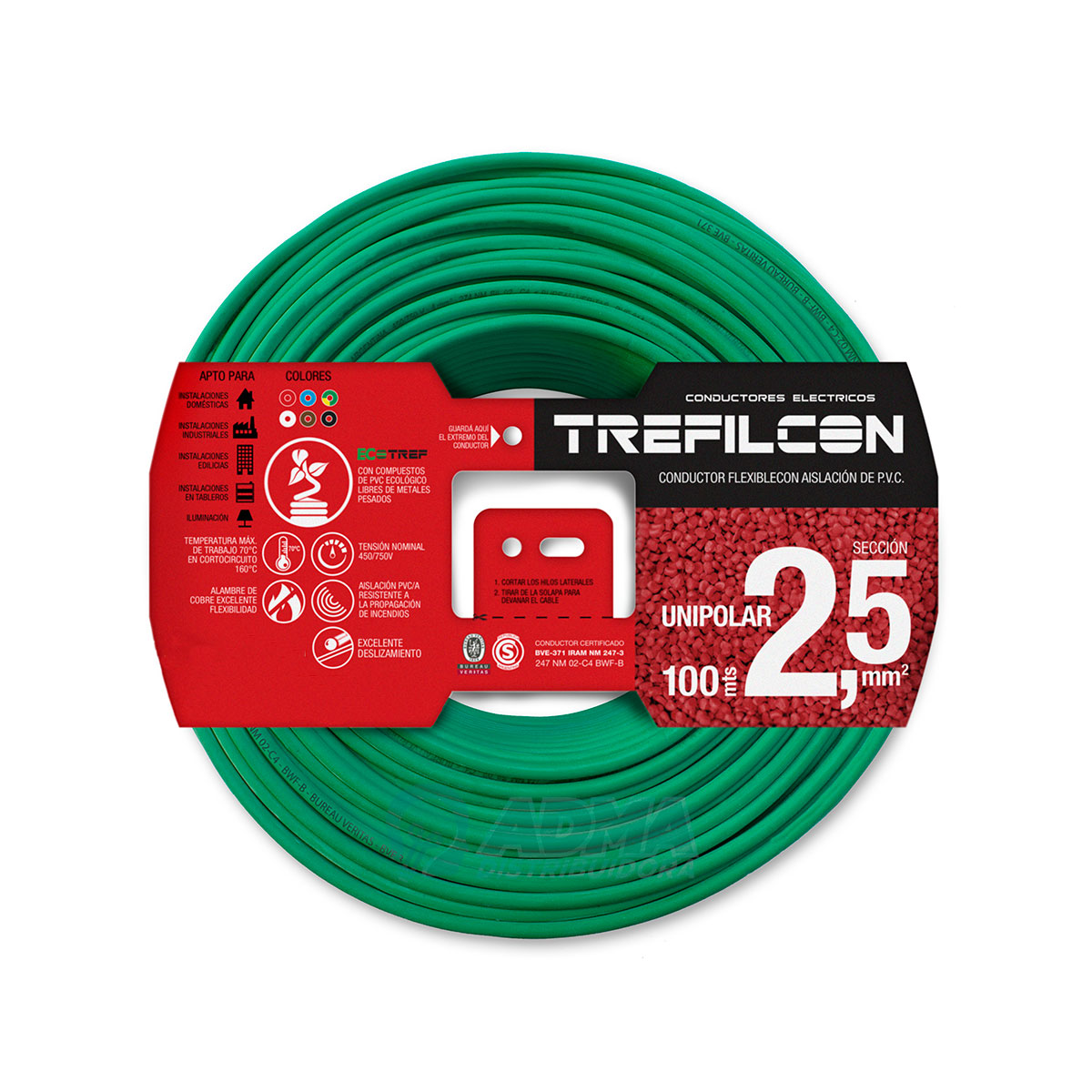 CABLE UNIPOLAR FLEXIBLE 2.5 MM TREFILCON VERDE/AMARILLO PACK X 100 MTS
