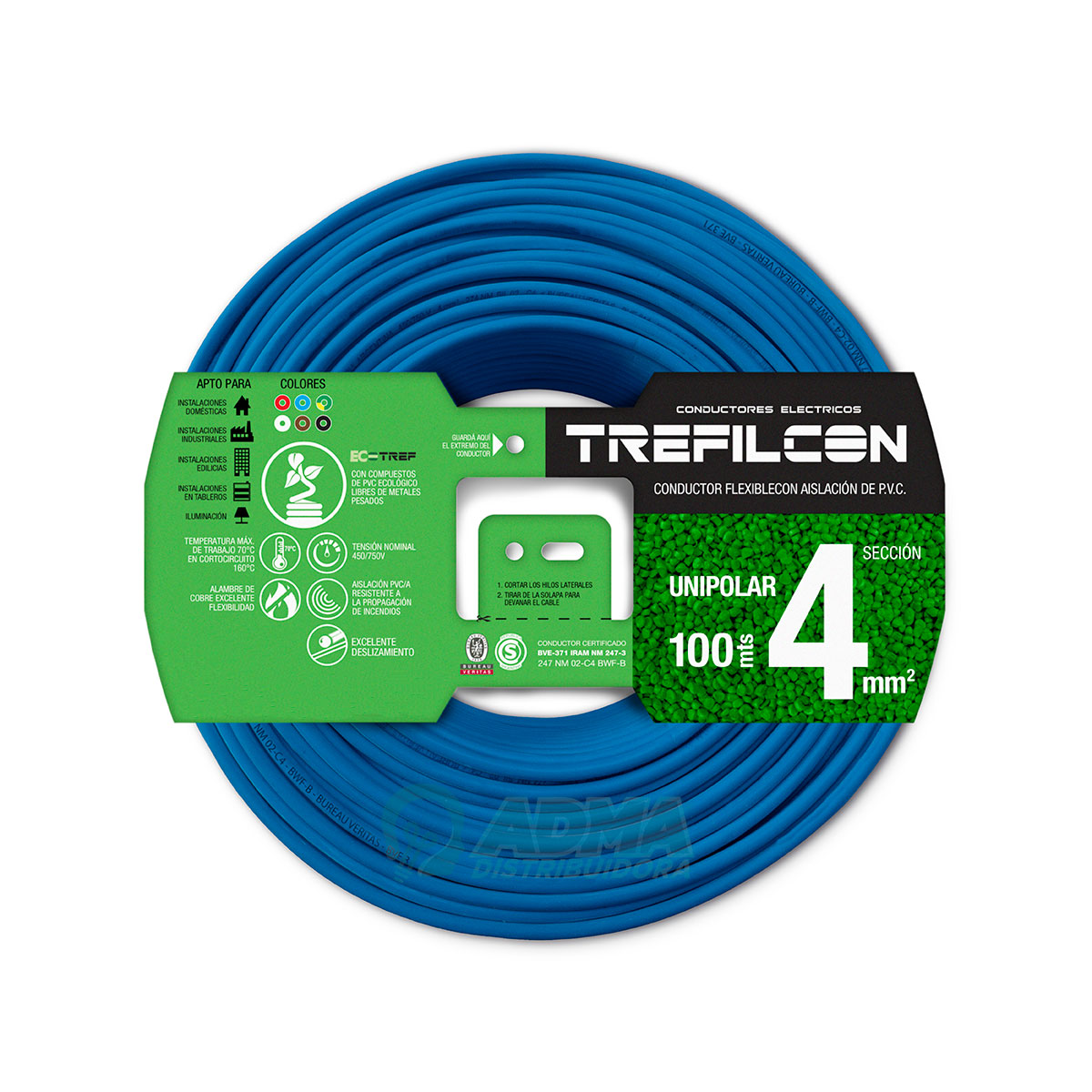 CABLE UNIPOLAR FLEXIBLE 4 MM TREFILCON CELESTE PACK X 100 MTS