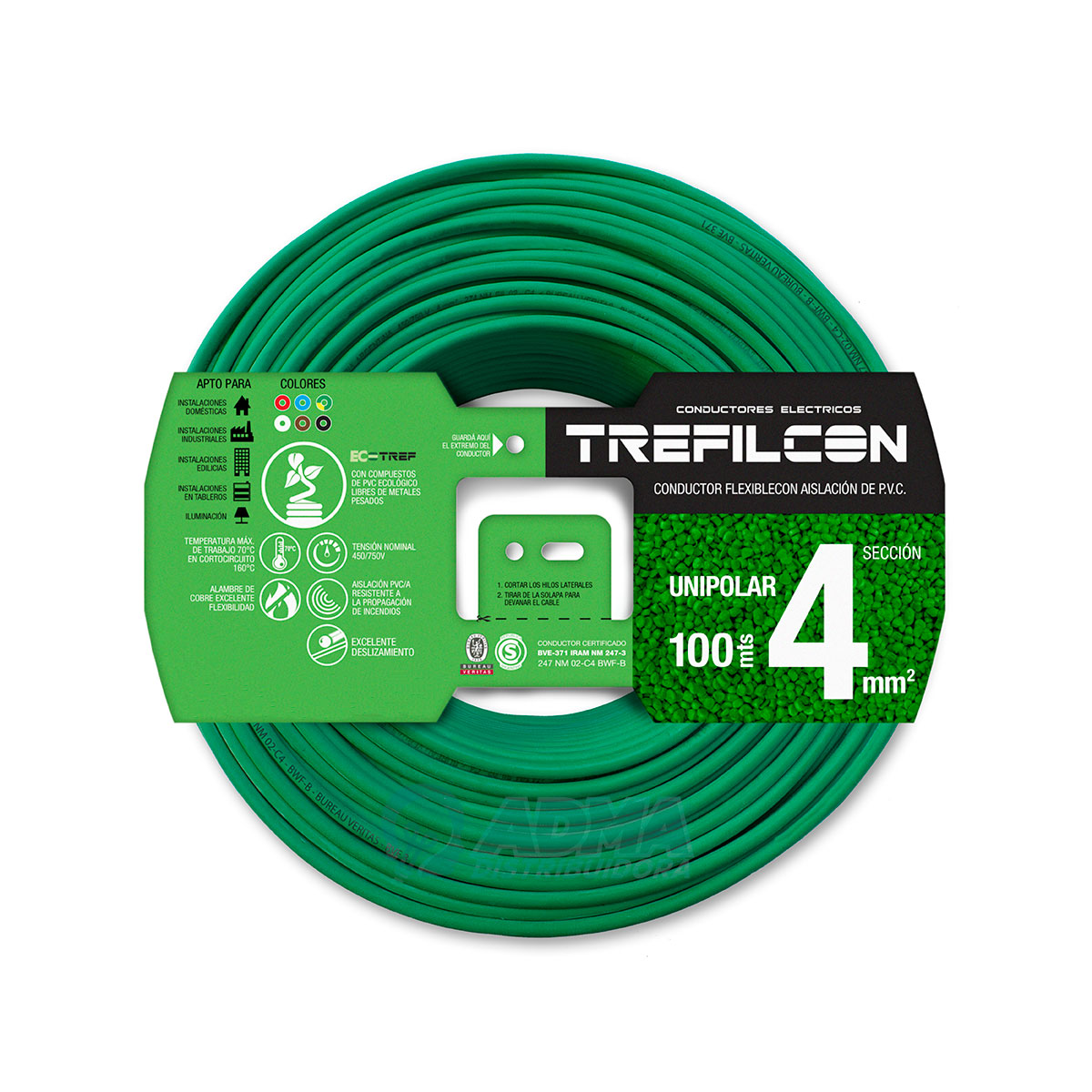 CABLE UNIPOLAR FLEXIBLE 4 MM TREFILCON VERDE/AMARILLO PACK X 100 MTS