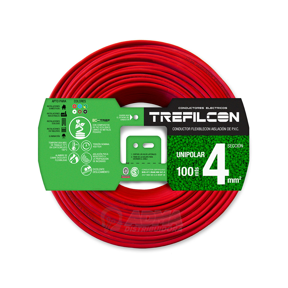 CABLE UNIPOLAR FLEXIBLE 4 MM TREFILCON ROJO PACK X 100 MTS