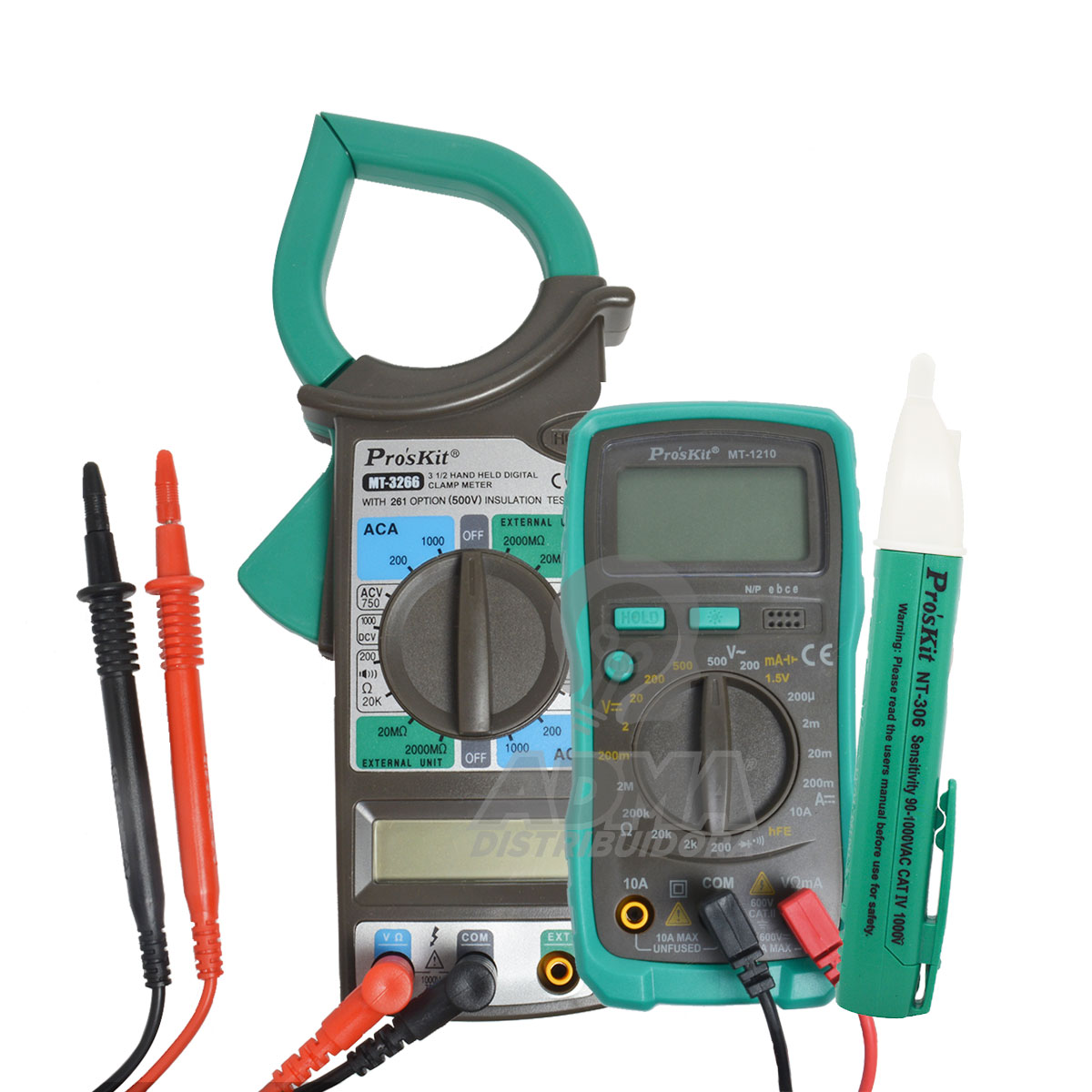 TESTER DIGITAL PROF COMPACTO MT-1210 + PINZA AMPEROMETRICA DIGITAL MT-3266 + DETECTOR DE VOLTAJE NT-306 PROSKIT