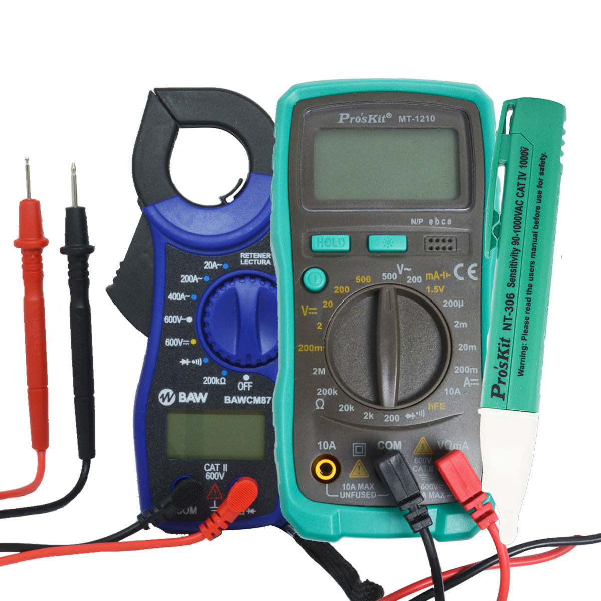 TESTER DIGITAL PROF COMPACTO MT-1210 + MINI PINZA VOLTAMP 20-200-400AC 600VCA/C + DETECTOR DE VOLTAJE NT-306