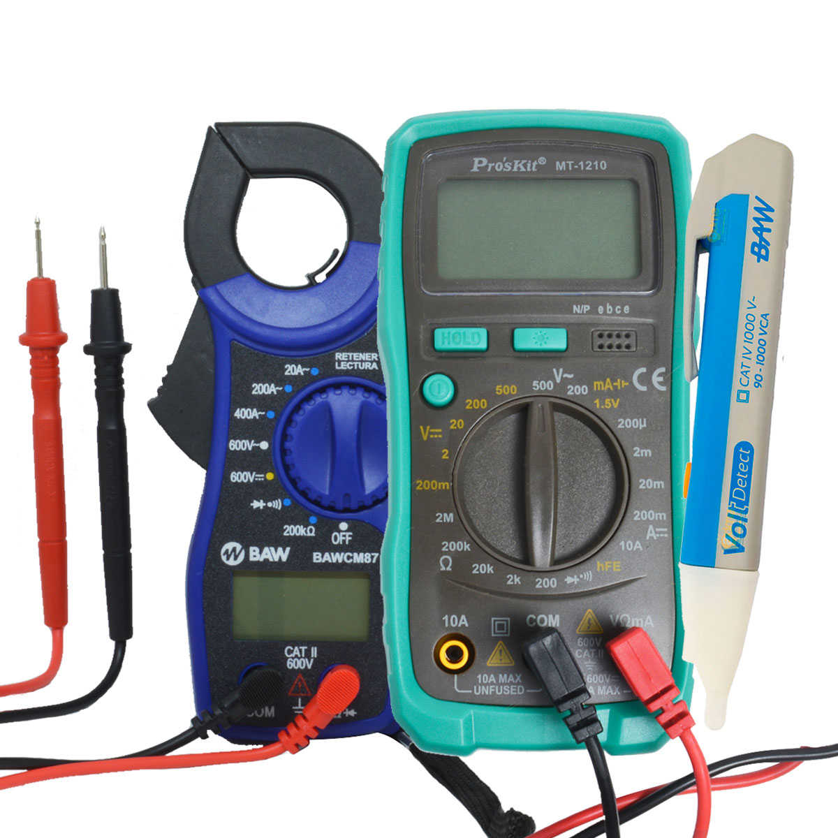 TESTER DIGITAL PROF COMPACTO MT-1210 + MINI PINZA VOLTAMP 20-200-400AC 600VCA/C + DETECTOR DE TENSION ACUSTICO LUMINOSO