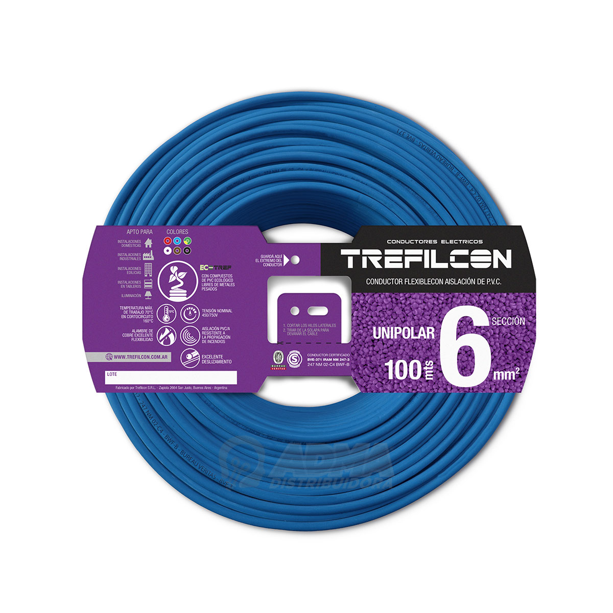 CABLE UNIPOLAR FLEXIBLE 6 MM TREFILCON CELESTE