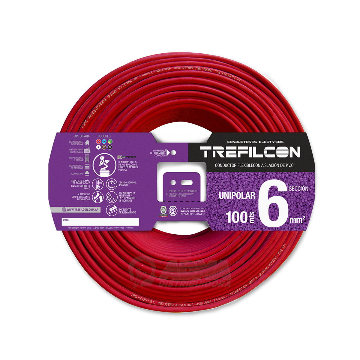 CABLE UNIPOLAR FLEXIBLE 6MM ROJO TREFILCON