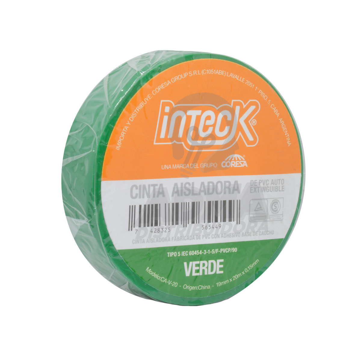 CINTA ADHESIVA PVC VERDE 20 METROS INTECK