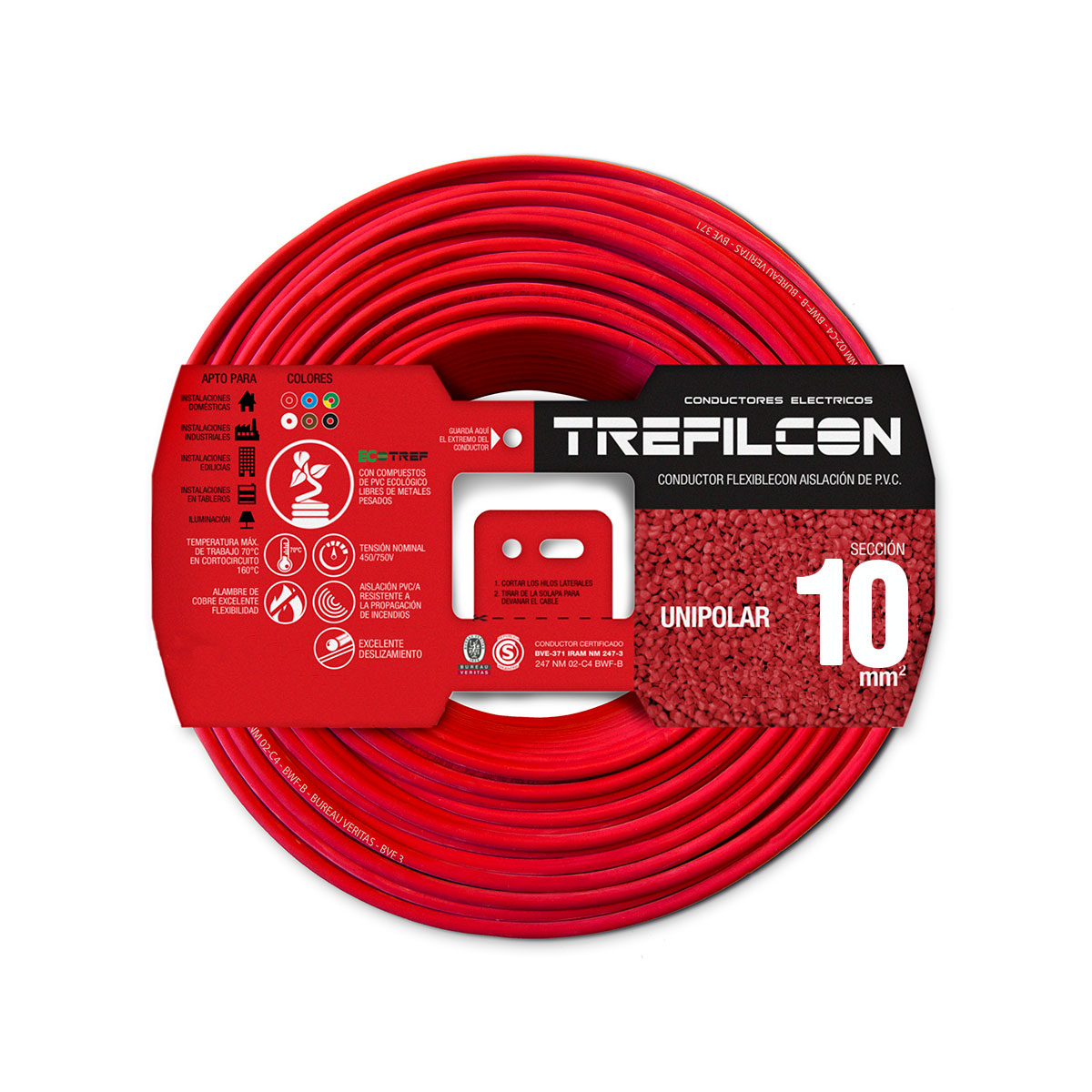 CABLE UNIPOLAR FLEXIBLE 10 MM METRO BOBINA TREFILCON ROJO