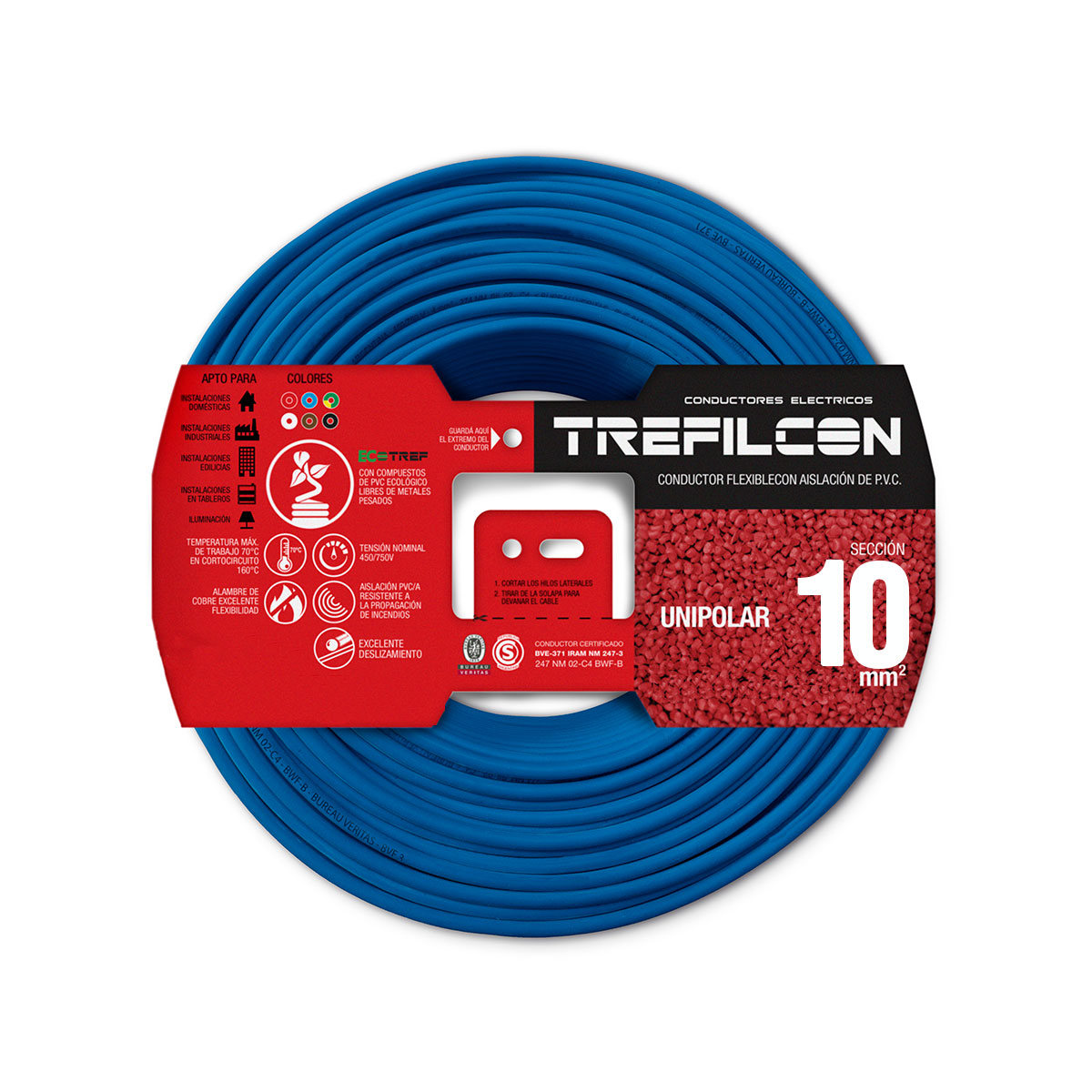 CABLE UNIPOLAR FLEXIBLE 10 MM METRO BOBINA TREFILCON CELESTE
