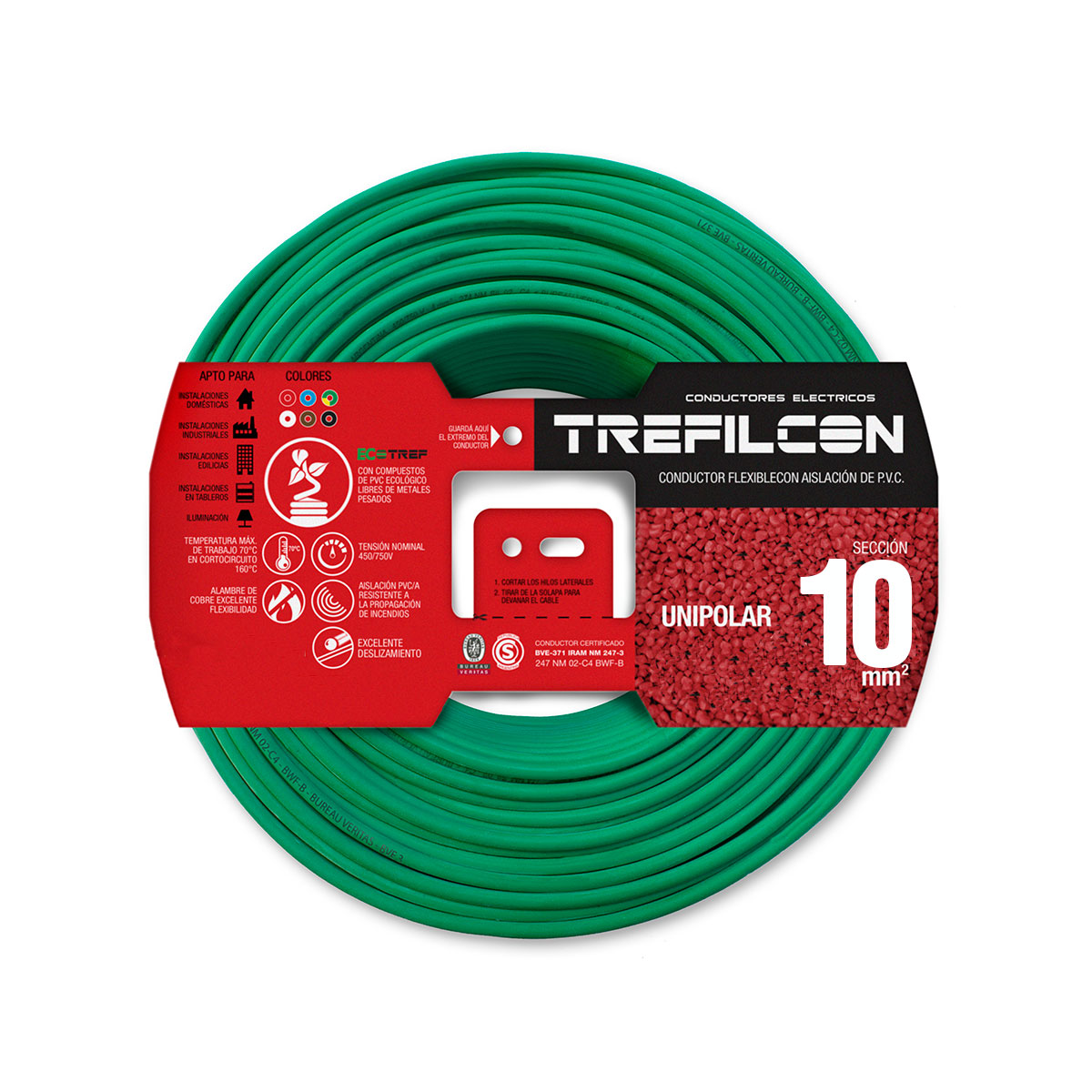 CABLE UNIPOLAR FLEXIBLE 10 MM METRO BOBINA TREFILCON VERDE/AMARILLO