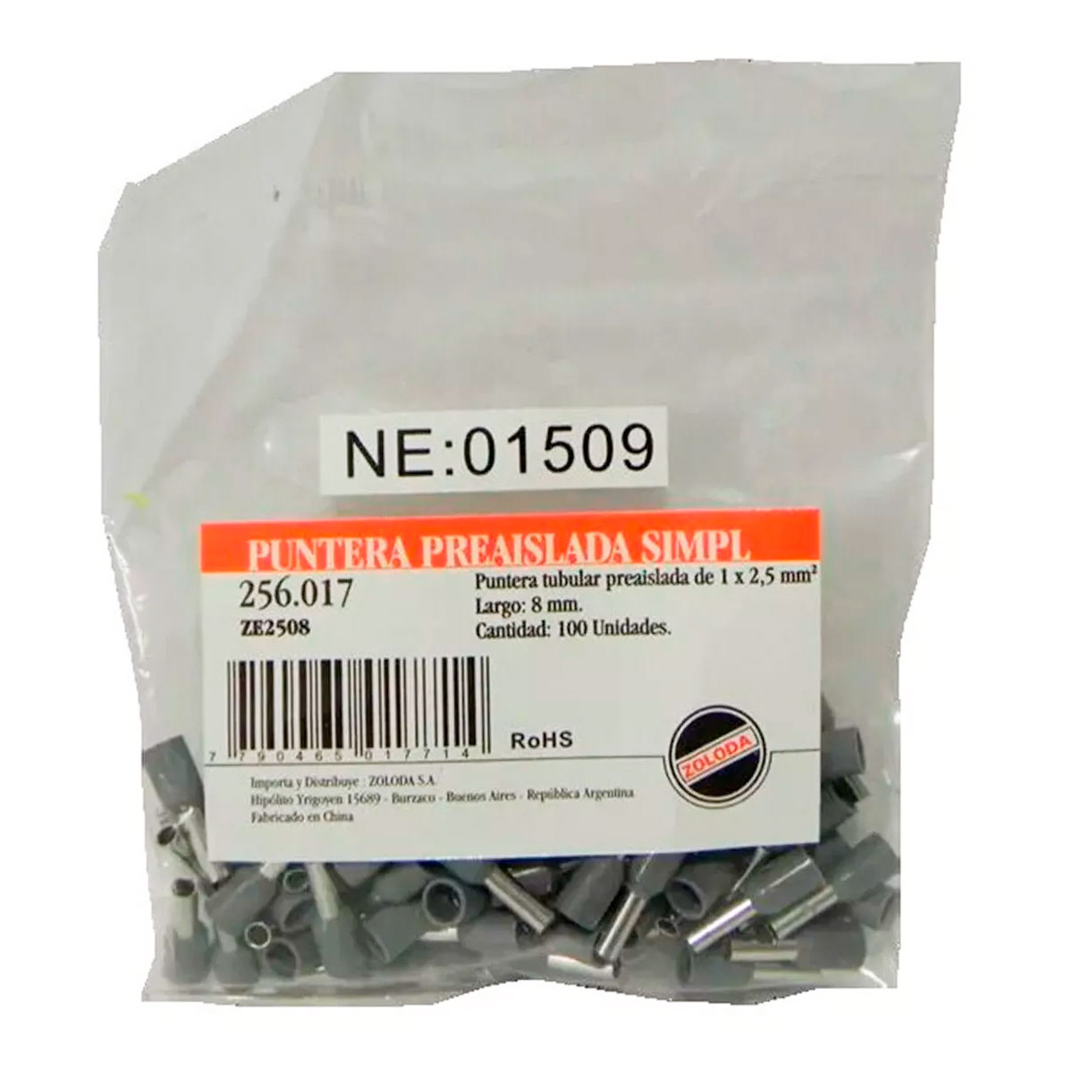 TERMINAL TUBULAR HUECA 2,5mm2 AISLADO 10mmL X100