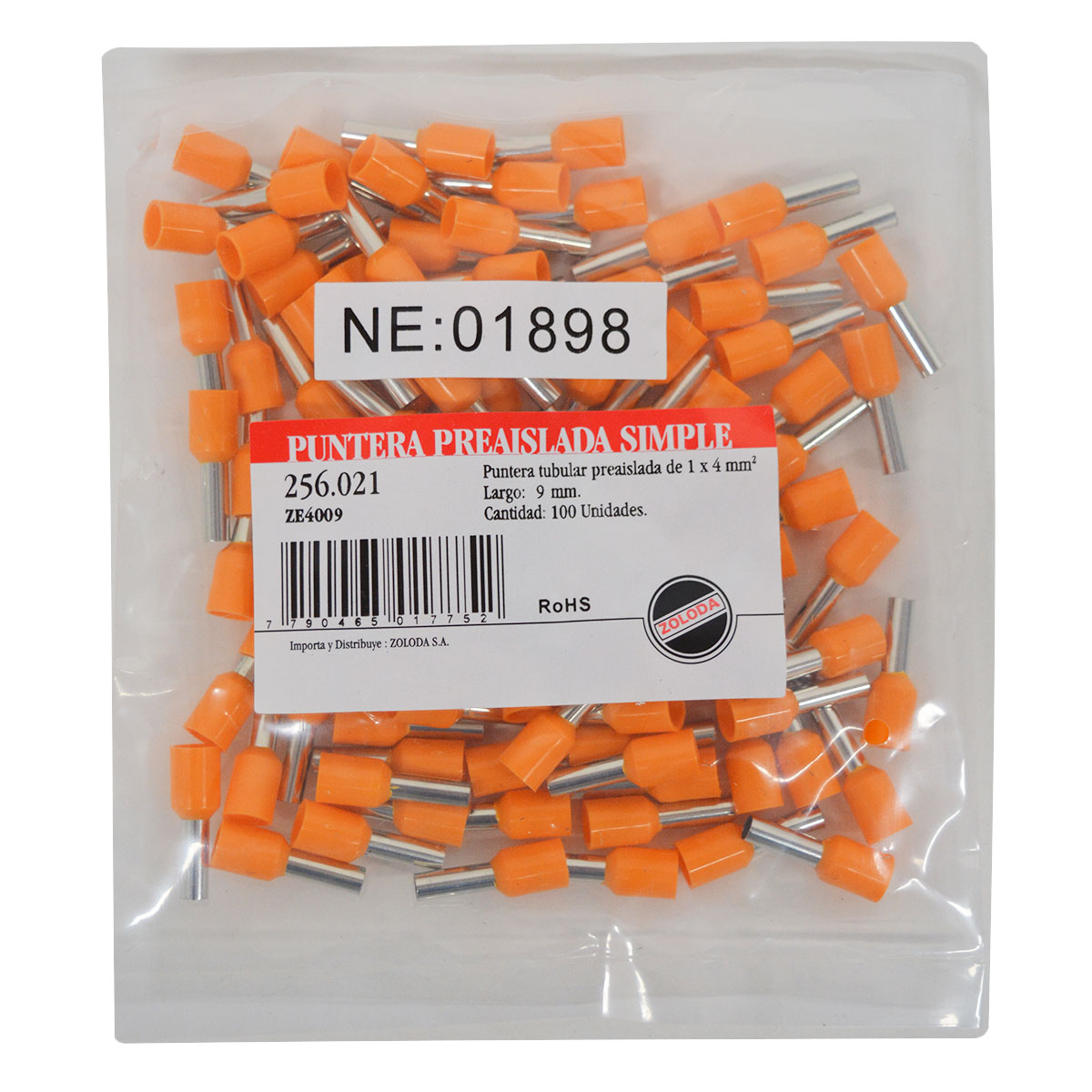 TERMINAL TUBULAR HUECA 4mm2 AISLADO 9mmL X100