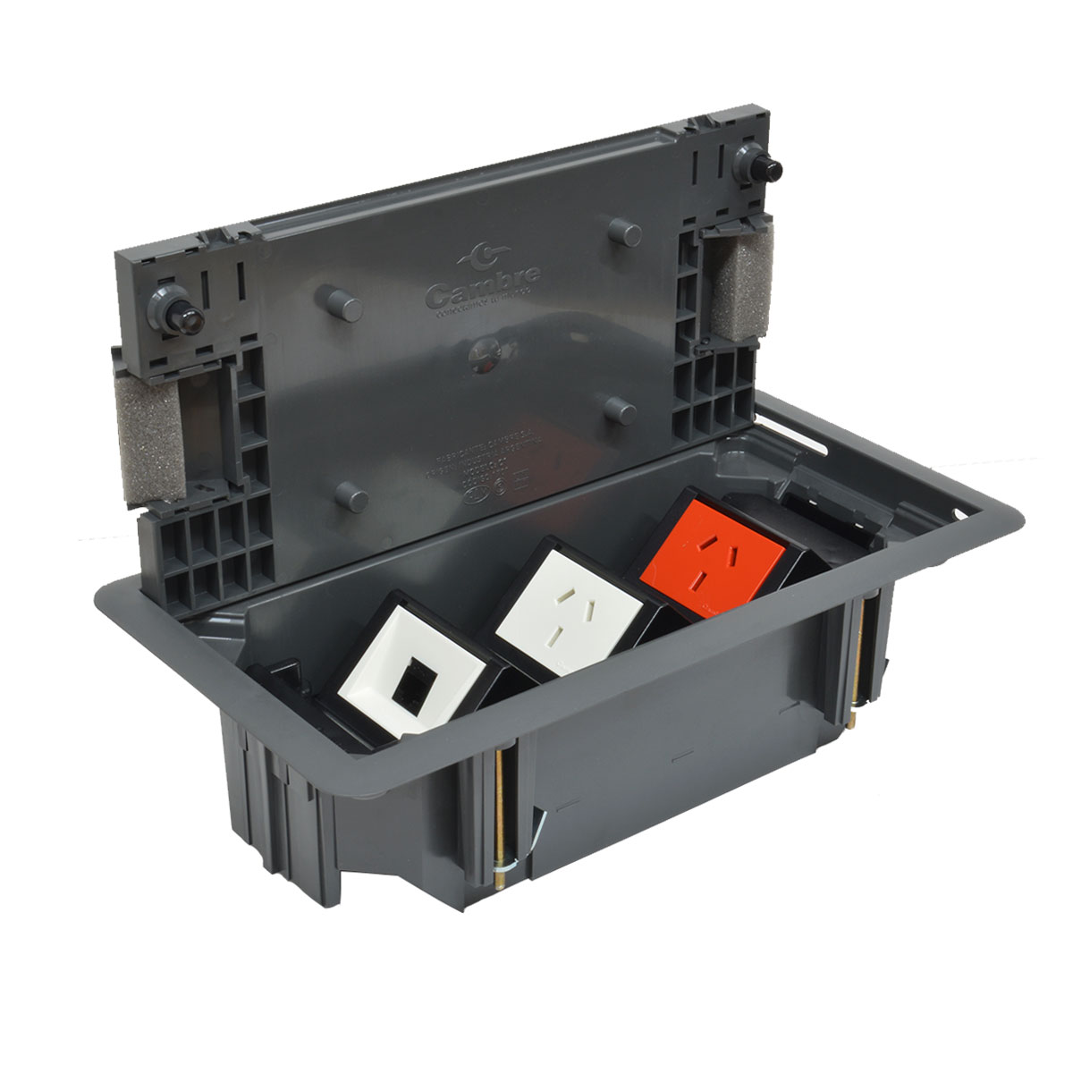 CAJA PISO CAMBRE 1 TOMA ROJO + 1 TOMA + 1 RED RJ45 BLANCO