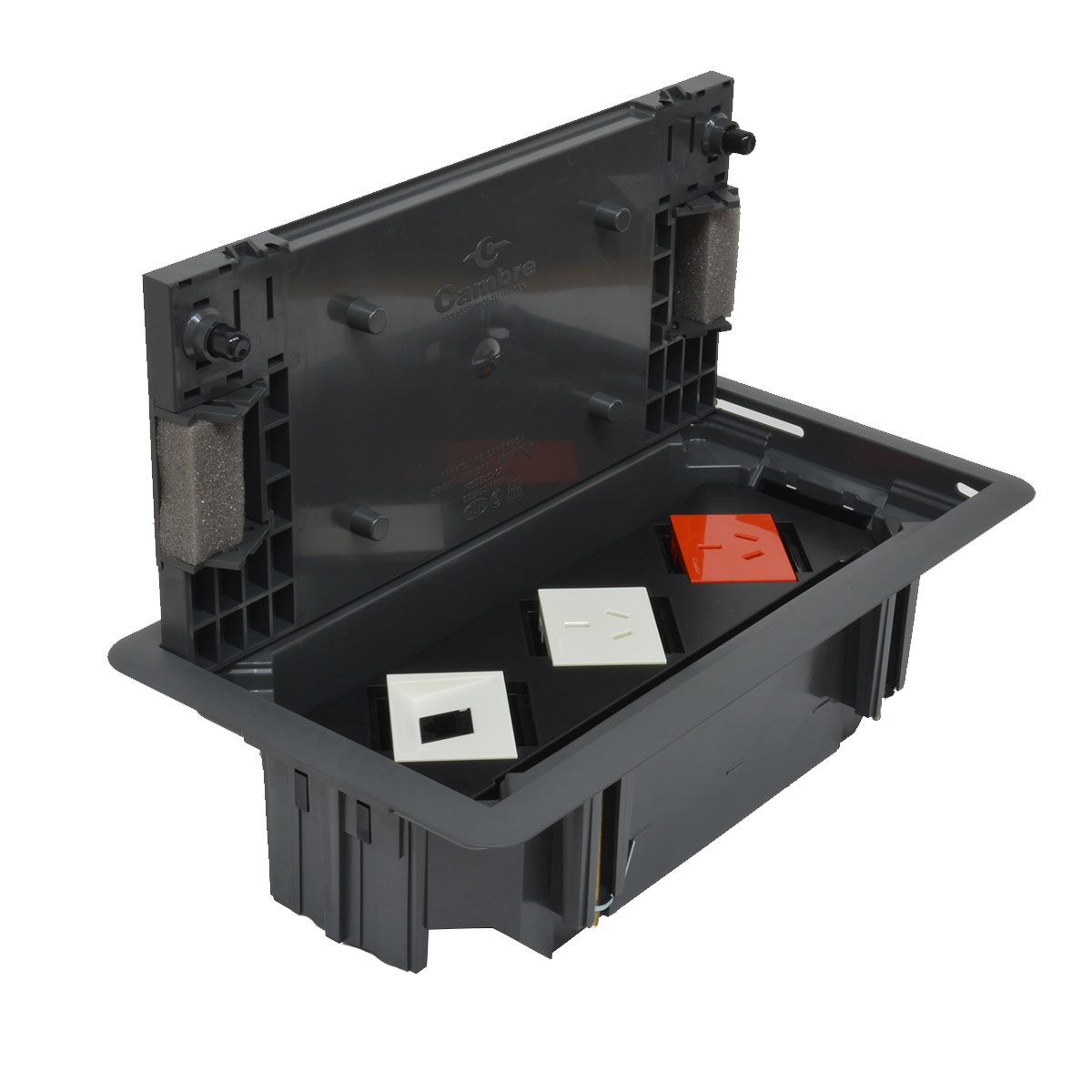 CAJA PISO PLANA CAMBRE 1 TOMA ROJO + 1 TOMA + 1 RED RJ45 BLANCO