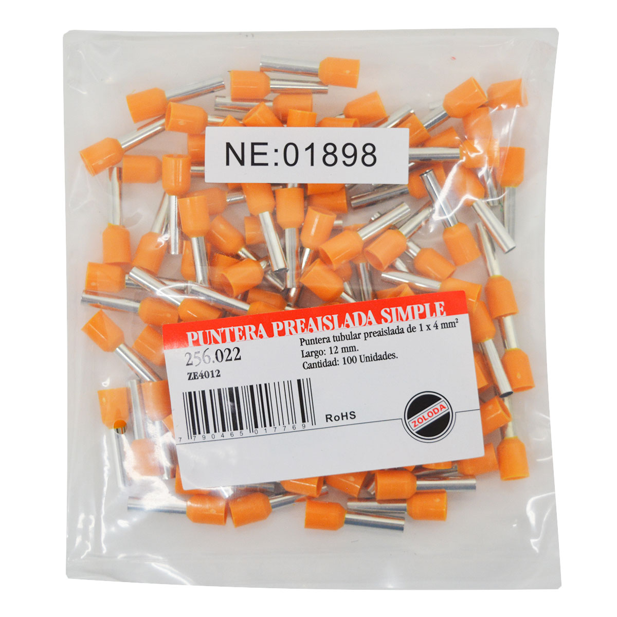 TERMINAL TUBULAR HUECA 4mm2 AISLADO 12mmL X100