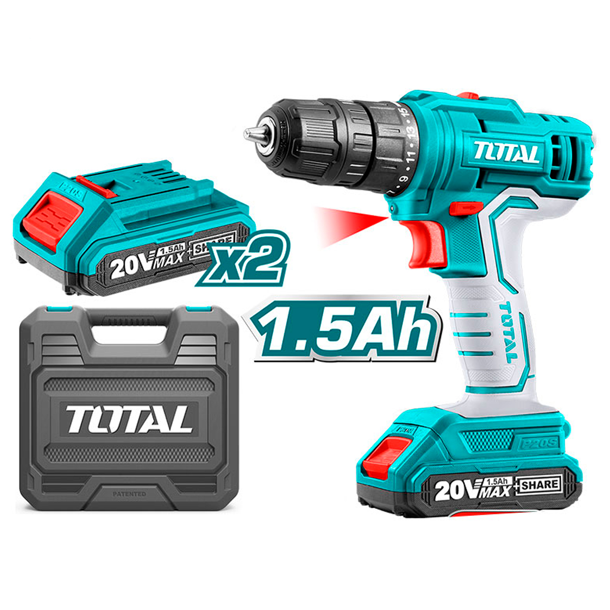 TALADRO INALAMBRICO 20V 1,5AH + ACCESORIOS TOTAL