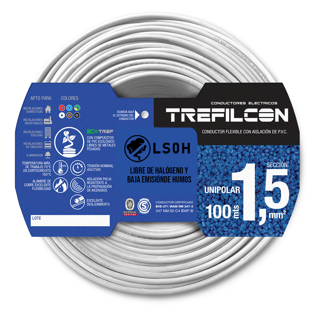 CABLE UNIPOLAR LIBRE DE HALOGENOS FLEXIBLE 1.5 MM BLANCO TREFILCON X100