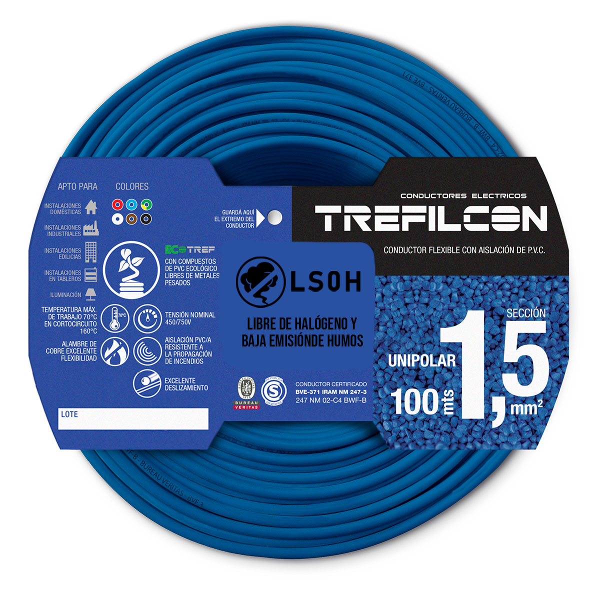 CABLE UNIPOLAR LIBRE DE HALOGENOS FLEXIBLE 1.5 MM CELESTE TREFILCON X100