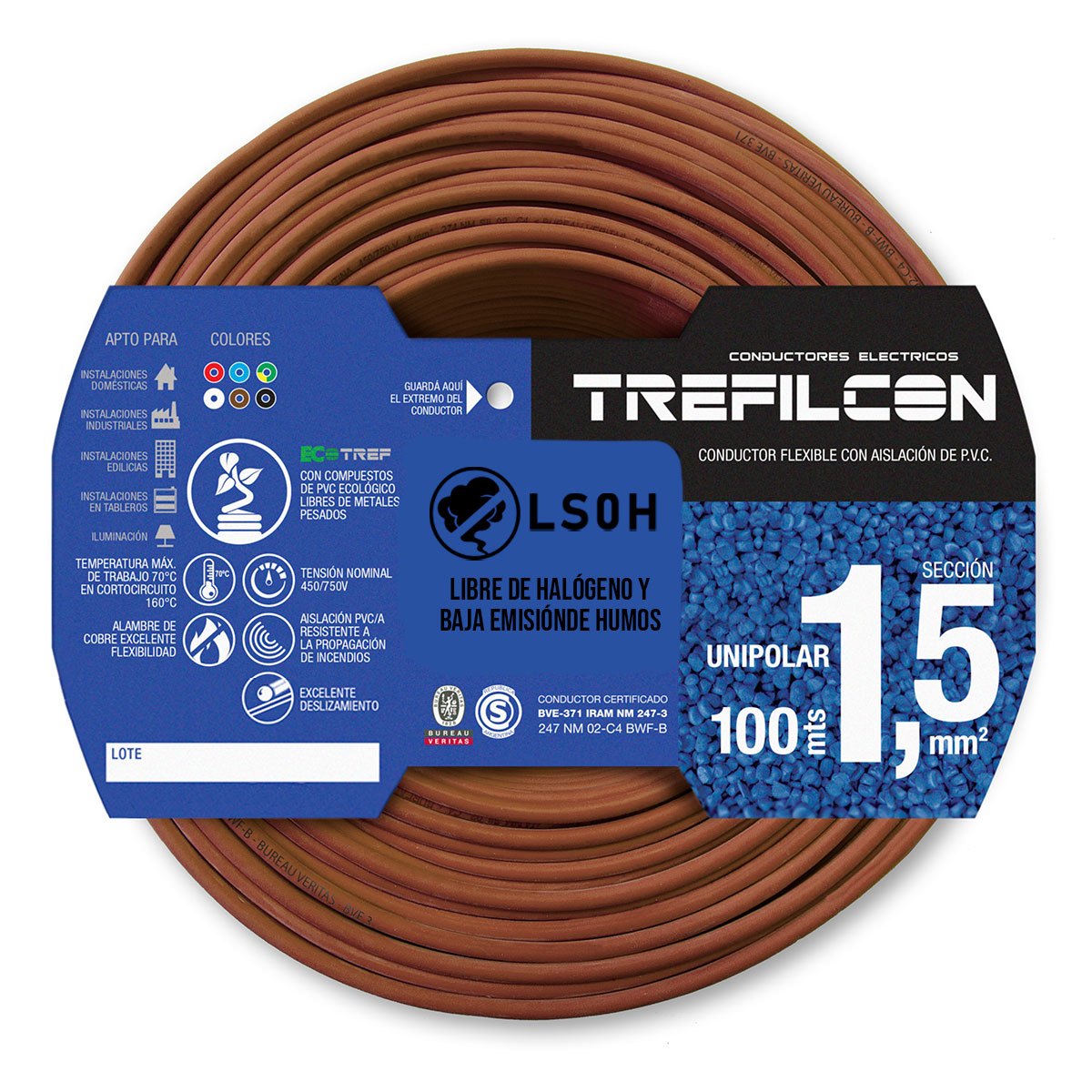 CABLE UNIPOLAR LIBRE DE HALOGENOS FLEXIBLE 1.5 MM MARRON TREFILCON X100
