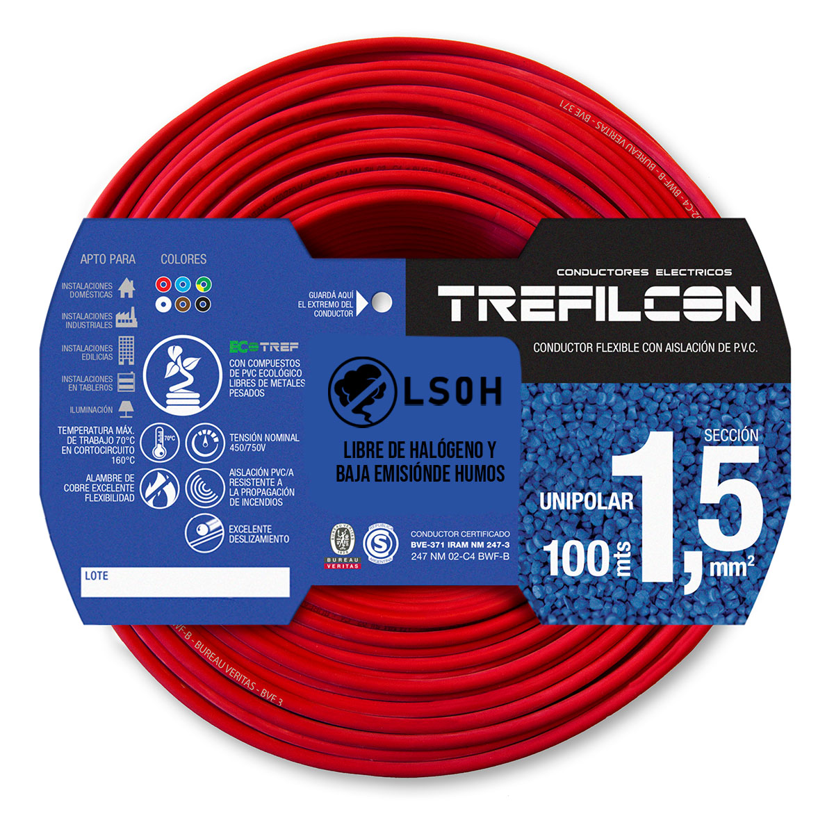 CABLE UNIPOLAR LIBRE DE HALOGENOS FLEXIBLE 1.5 MM ROJO TREFILCON X100