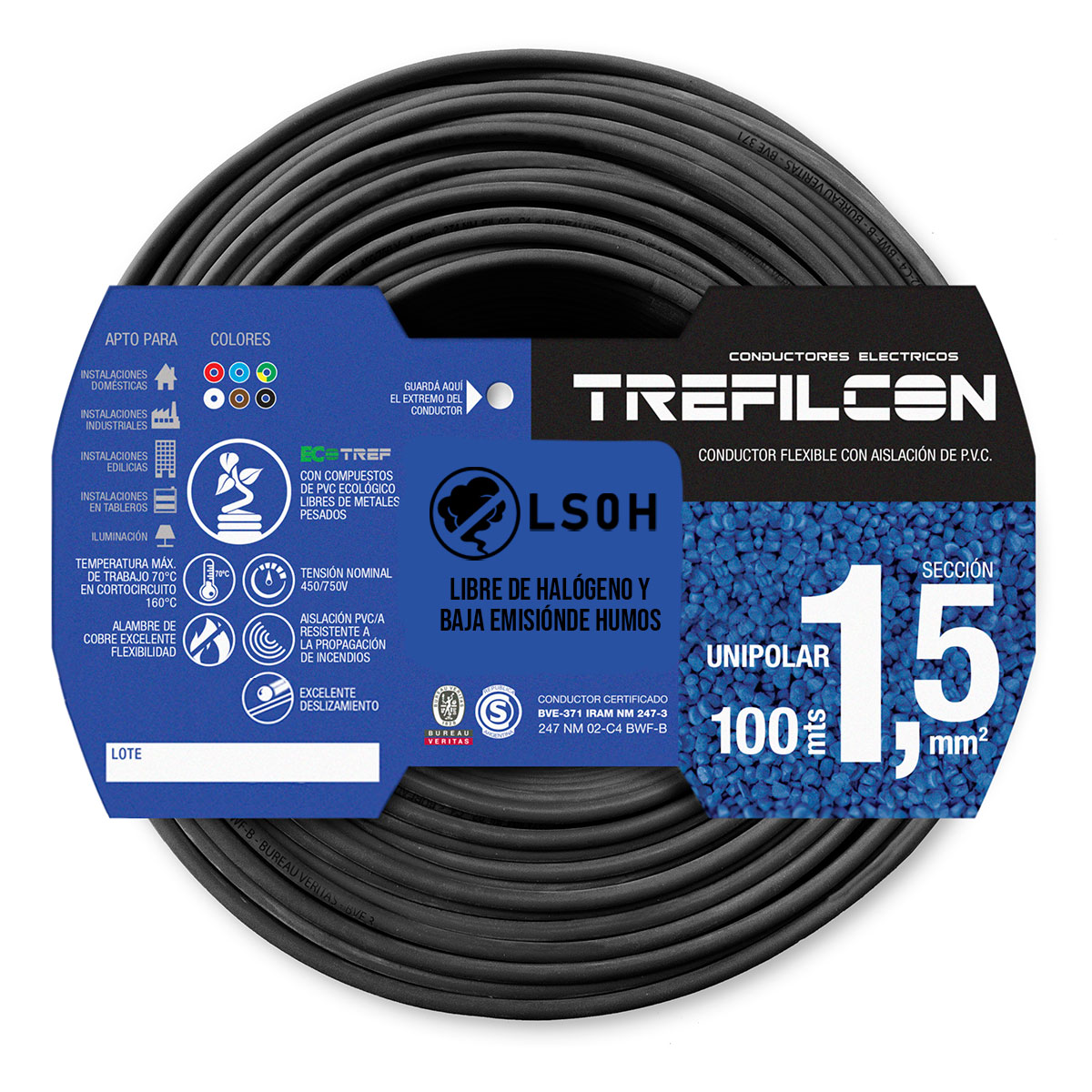CABLE UNIPOLAR LIBRE DE HALOGENOS FLEXIBLE 1.5 MM NEGRO TREFILCON X100