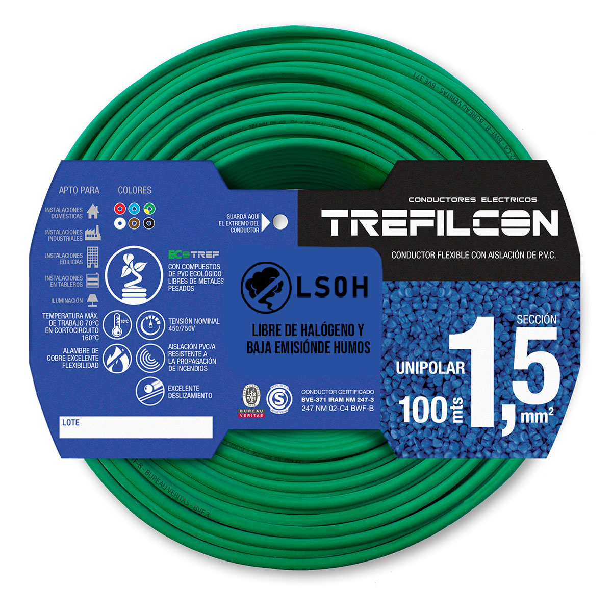 CABLE UNIPOLAR LIBRE DE HALOGENOS FLEXIBLE 1.5 MM V/A TREFILCON X100