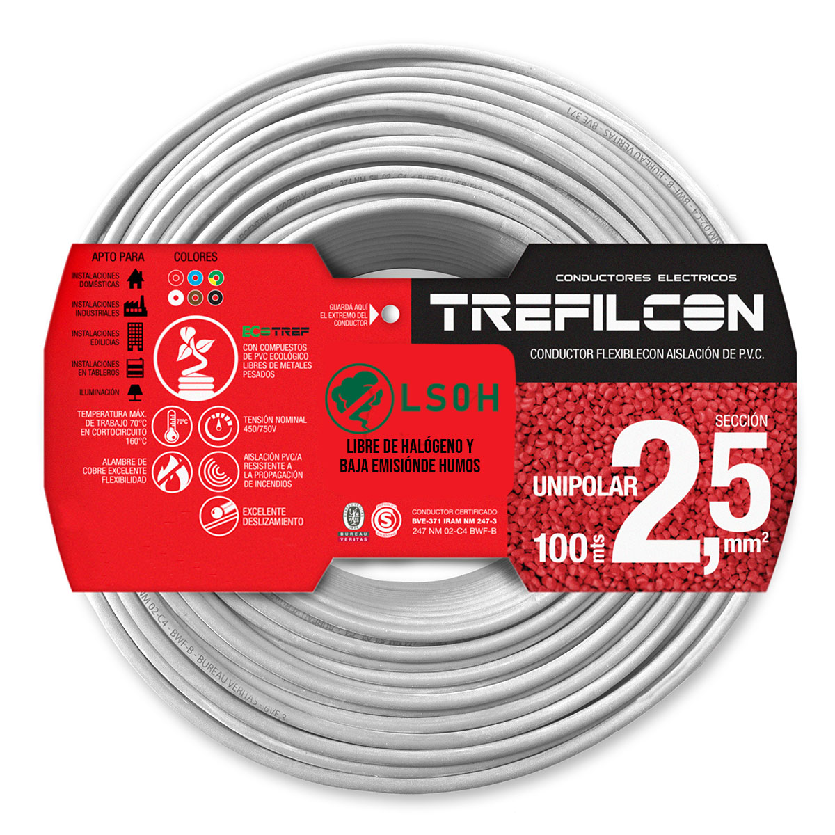 CABLE UNIPOLAR LIBRE DE HALOGENOS FLEXIBLE 2.5 MM BLANCO TREFILCON X100