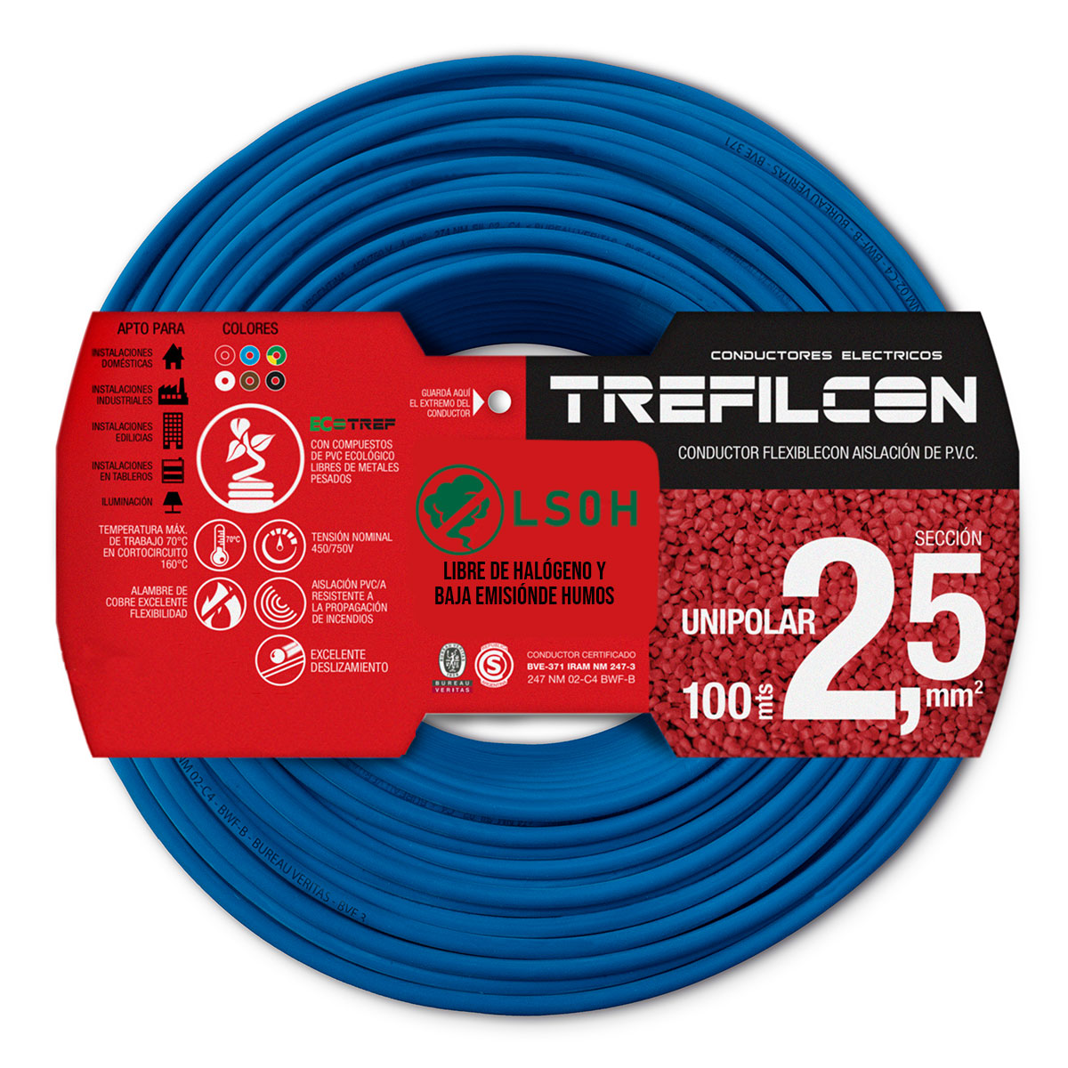 CABLE UNIPOLAR LIBRE DE HALOGENOS FLEXIBLE 2.5 MM CELESTE TREFILCON X100