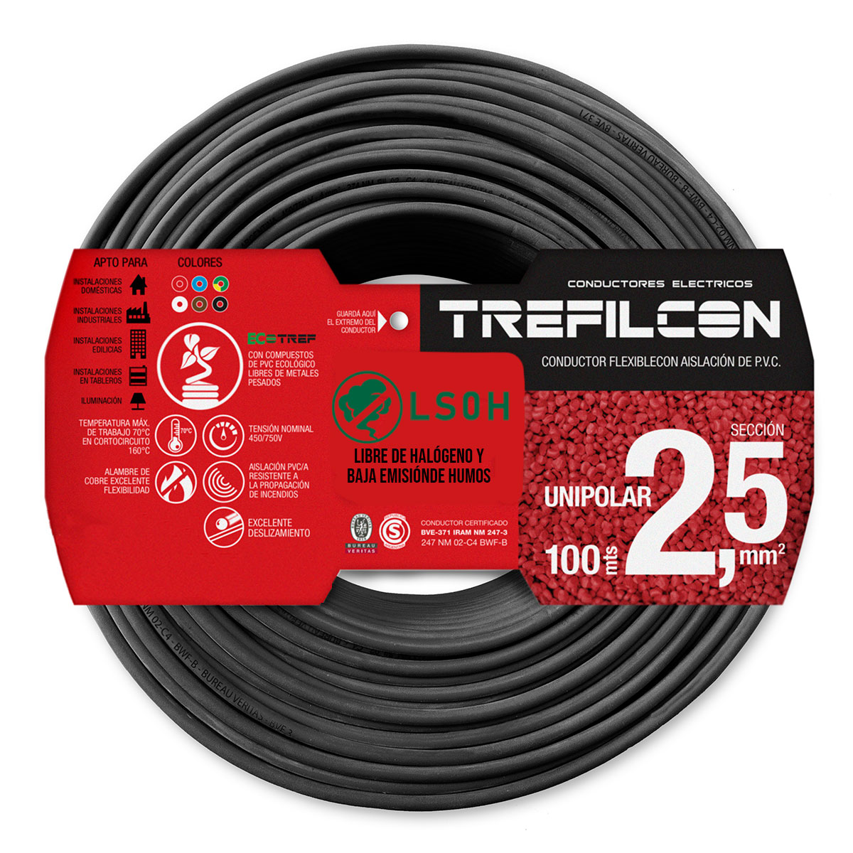 CABLE UNIPOLAR LIBRE DE HALOGENOS FLEXIBLE 2.5 MM NEGRO TREFILCON X100