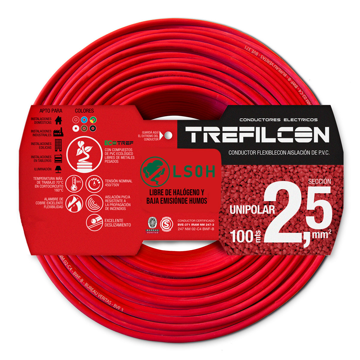 CABLE UNIPOLAR LIBRE DE HALOGENOS FLEXIBLE 2.5 MM ROJO TREFILCON X100