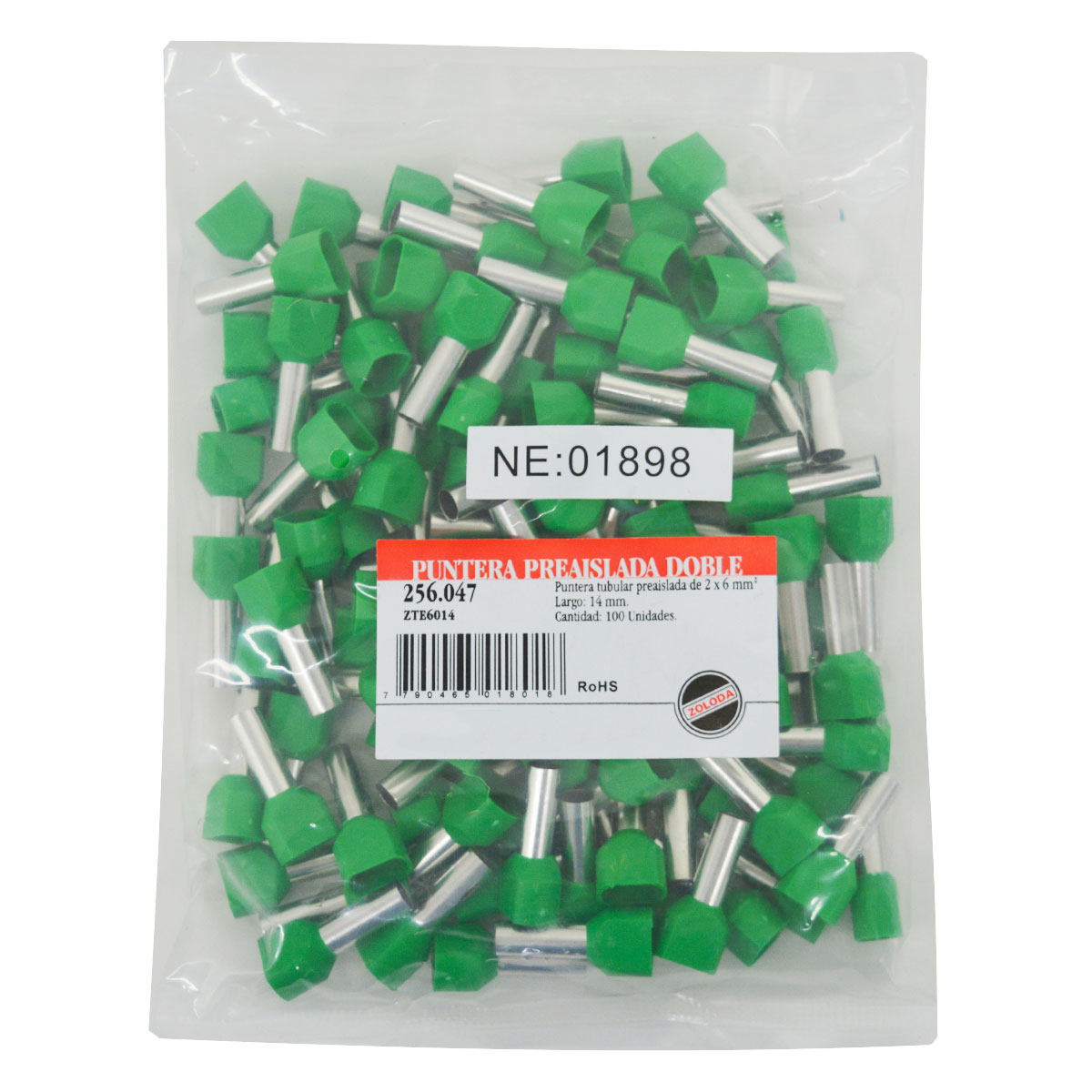 TERMINAL TUBULAR DOBLE TIFF 6mm2 X100 ZOLODA