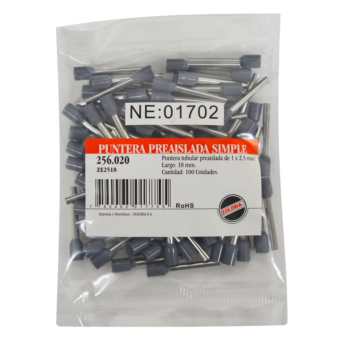 TERMINAL TUBULAR HUECA 2,5mm2 AISLADO 18mmL X100