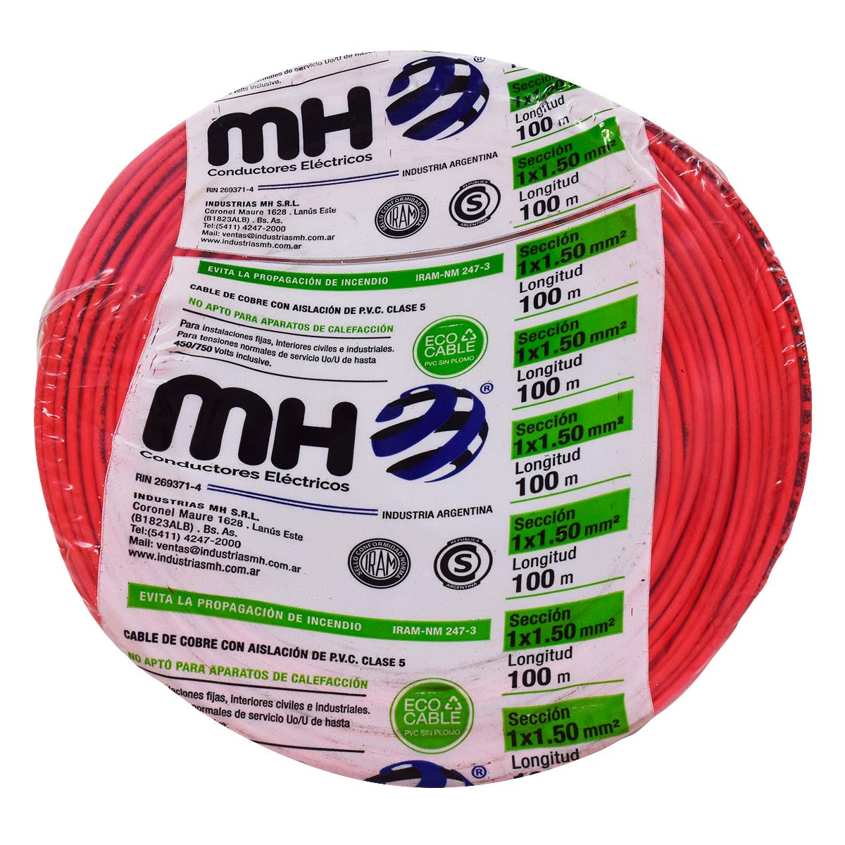 ROLLO CABLE UNIPOLAR FLEXIBLE 1.5 MM ROJO MH 100MT