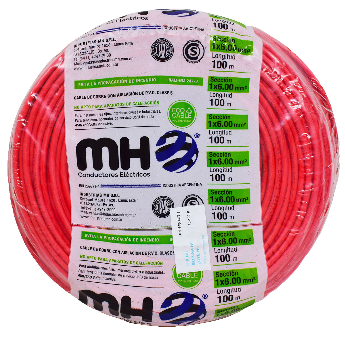 ROLLO CABLE UNIPOLAR FLEXIBLE 6 MM ROJO MH 100MT
