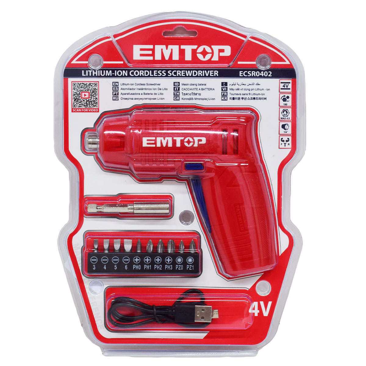 ATORNILLADORA INALAMBRICA 4V C/USB 11 ACCESORIOS EMTOP