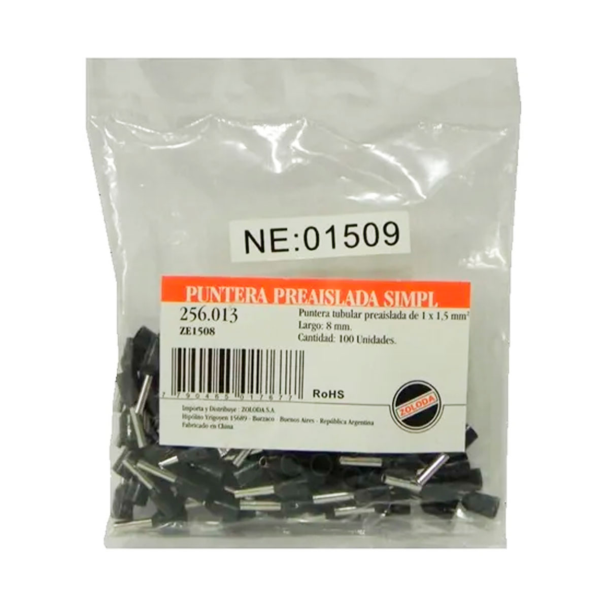 PACK X10 TERMINAL TUBULAR HUECA 1,5mm2 AISLADO 8mmL X100 U
