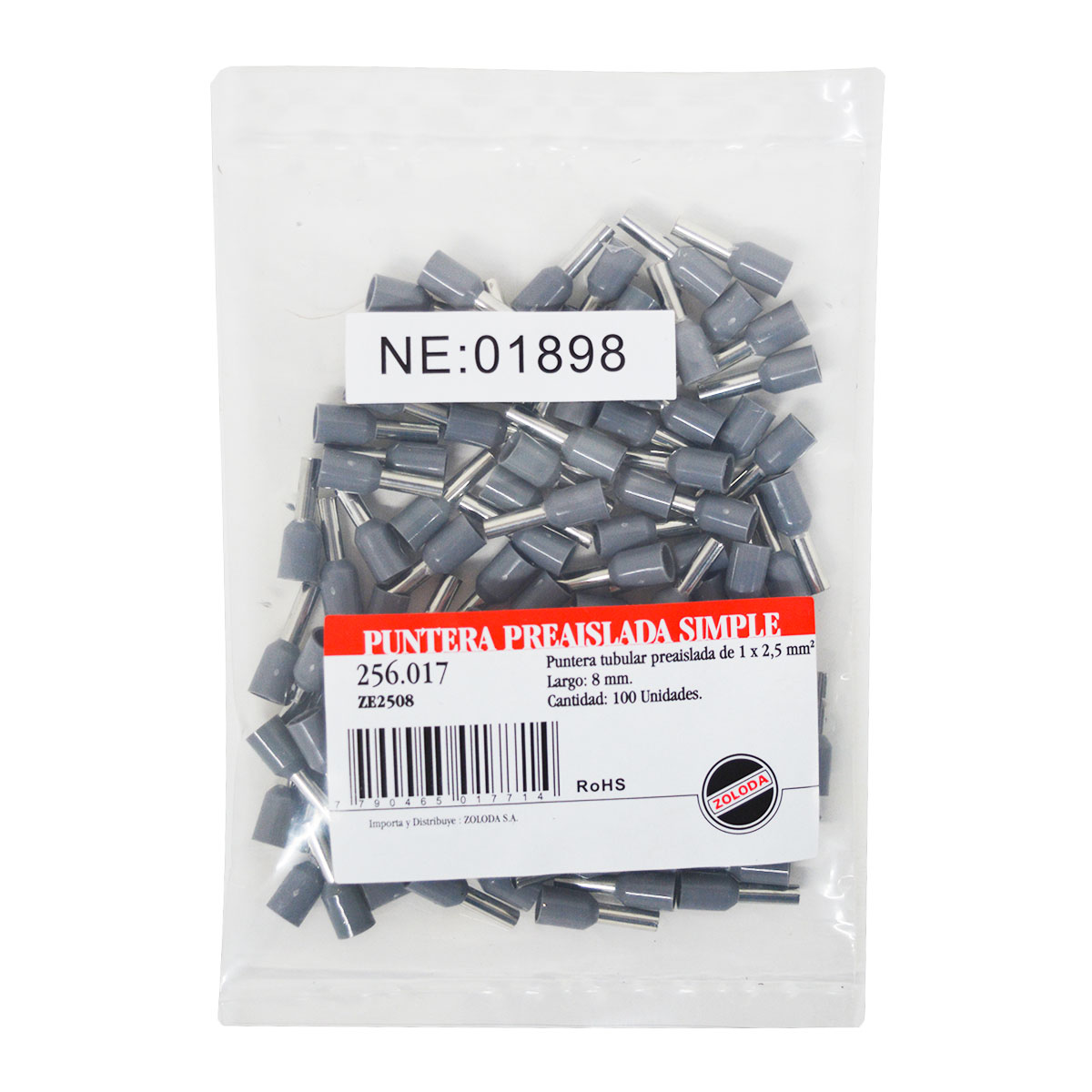 PACK X10 TERMINAL TUBULAR HUECA 2,5mm2 AISLADO 8mmL X100