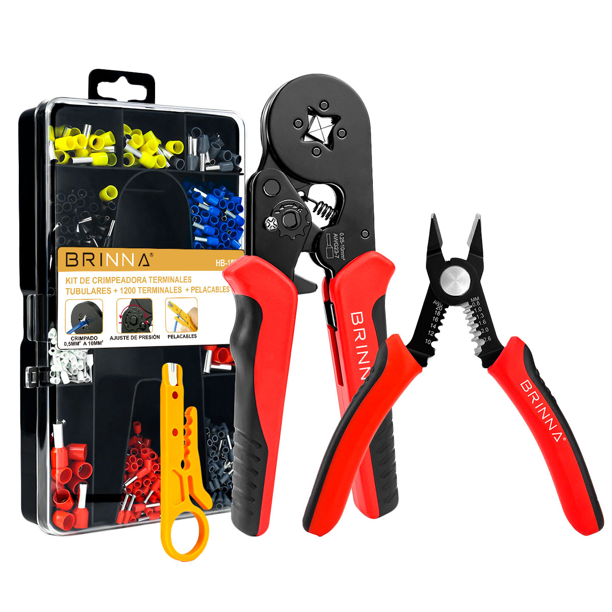 KIT CRIMPEADORA C/ 1200 TERMINALES HB-105 + ALICATE PRECISIÓN HB-102 BRINNA