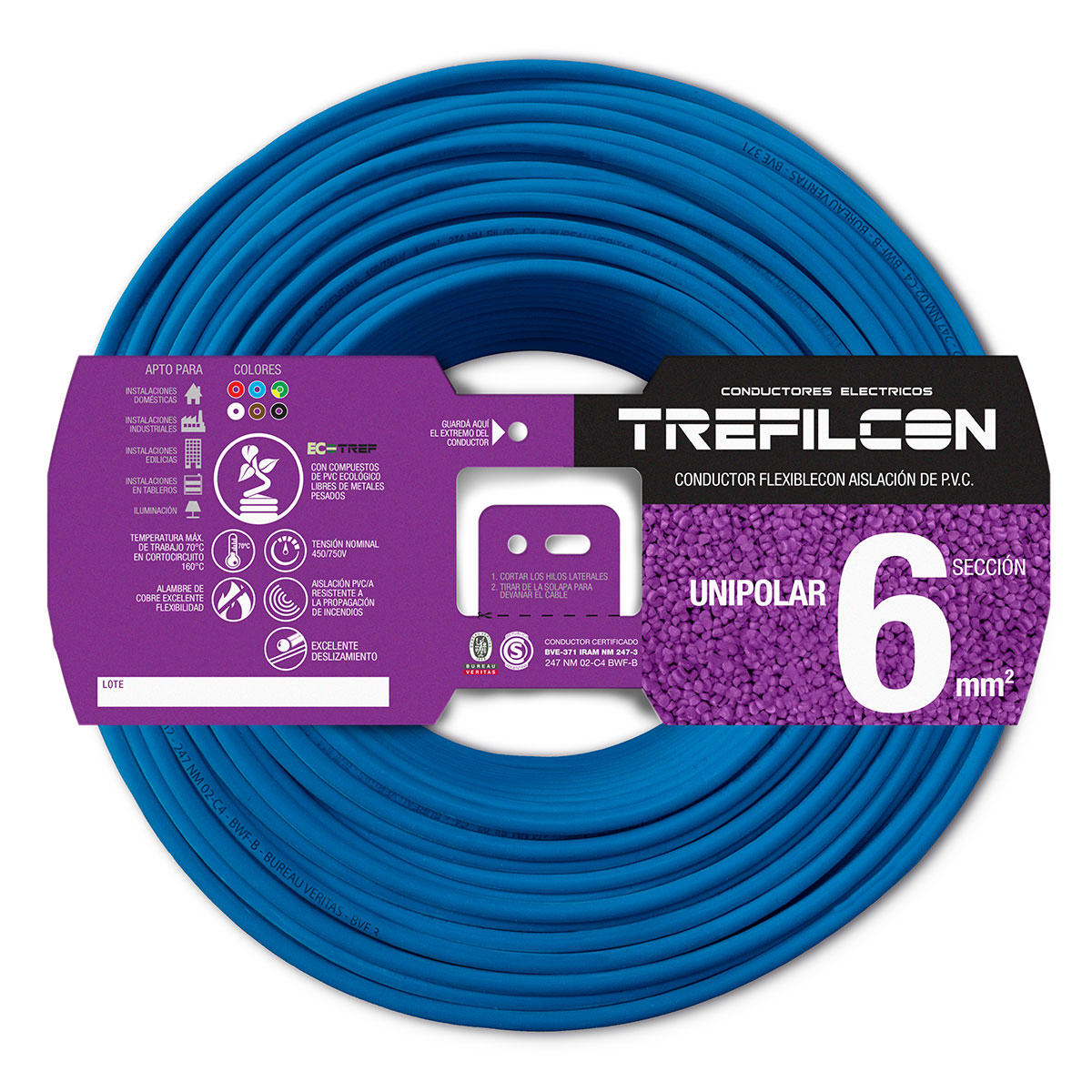 CABLE UNIPOLAR FLEXIBLE 6 MM TREFILCON CELESTE X 20 MTS