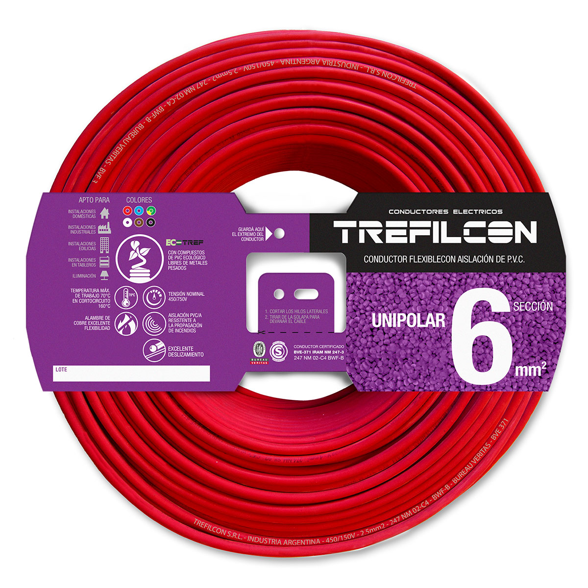 CABLE UNIPOLAR FLEXIBLE 6 MM TREFILCON ROJO X 20 MTS