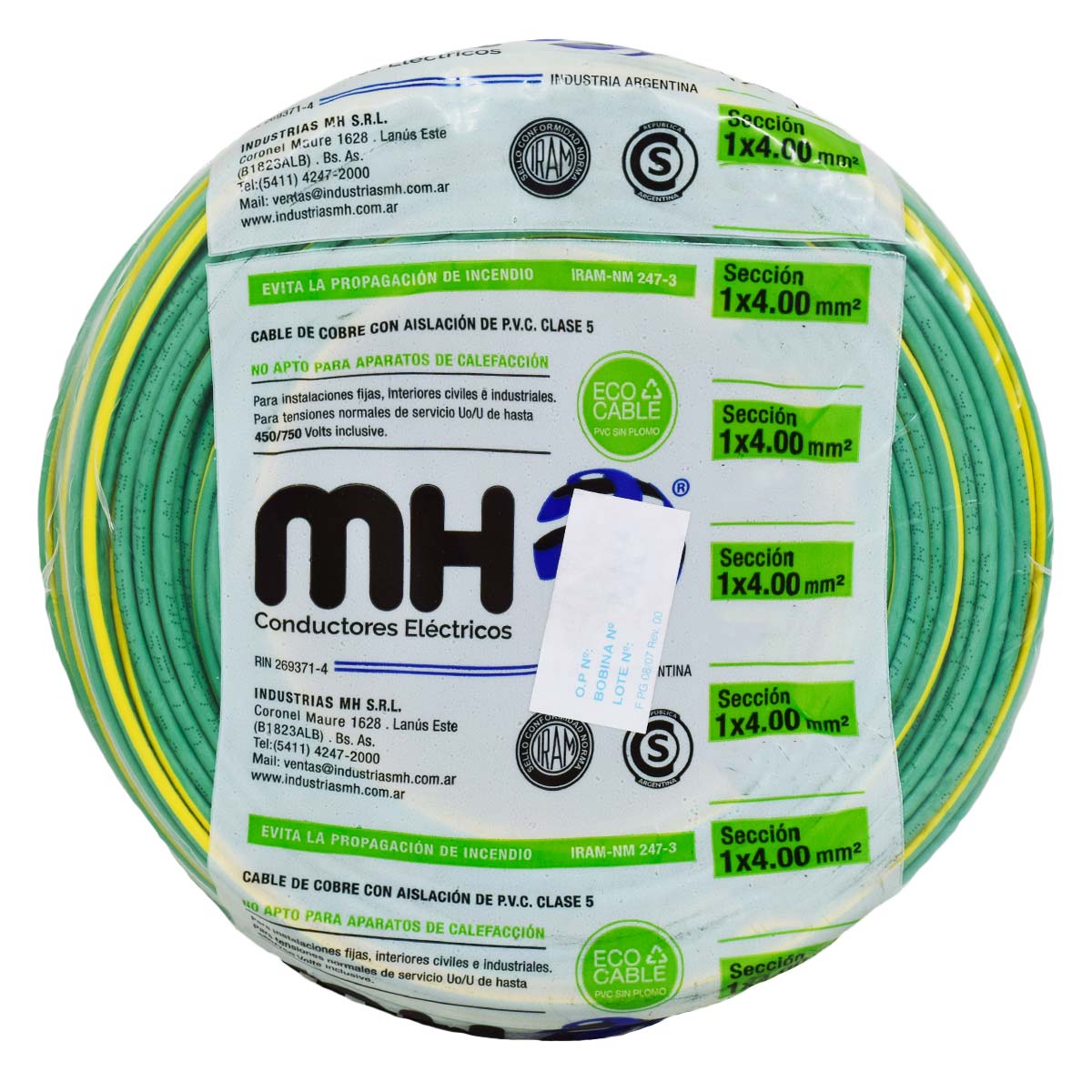 CABLE UNIPOLAR FLEXIBLE 4MM VERDE AMARILLO MH X20MT