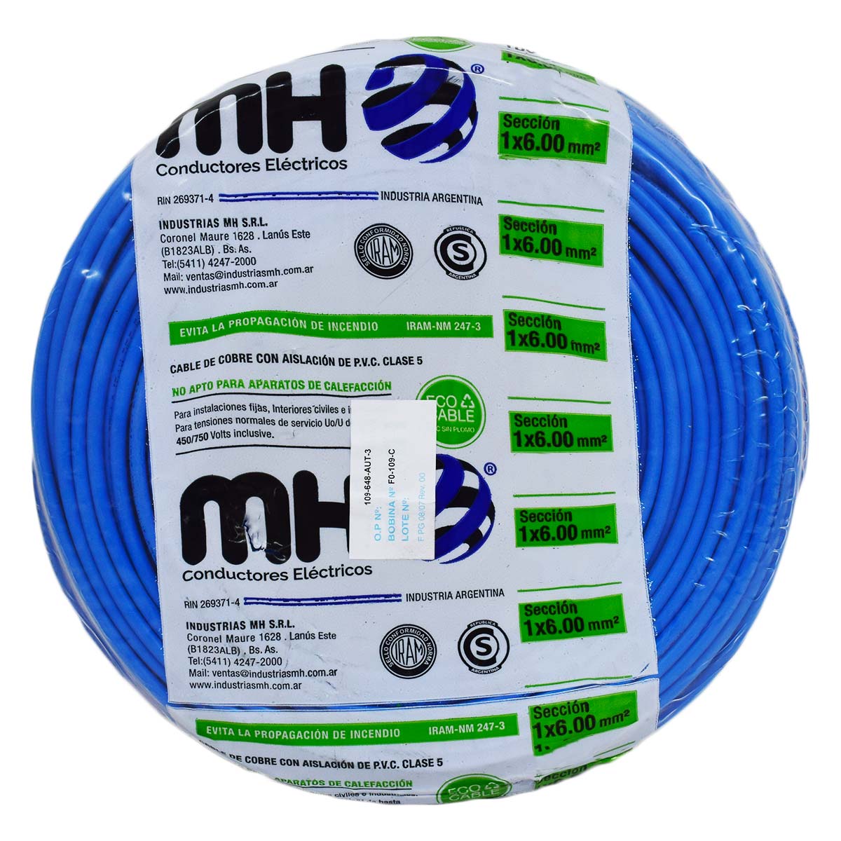 CABLE UNIPOLAR FLEXIBLE 6MM CELESTE MH X20MT
