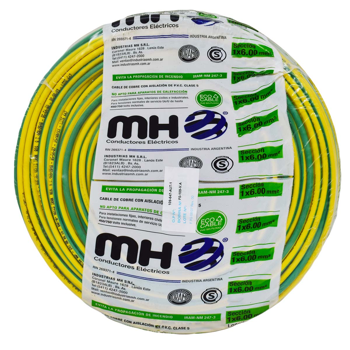 CABLE UNIPOLAR FLEXIBLE 6MM VERDE AMARILLO MH X20MT