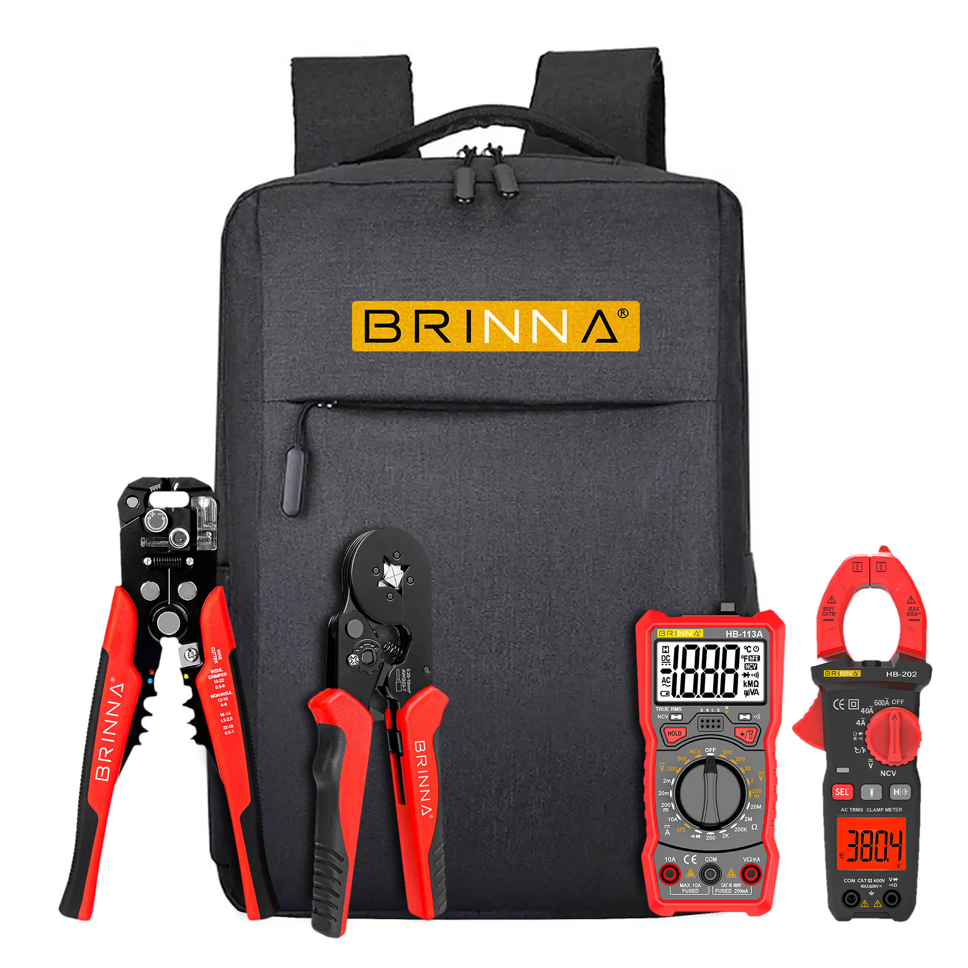 COMBO BRINNA MULTIMETRO PINZA AMPEROMETRICA PELACABLES CRIMPEADORA MOCHILA